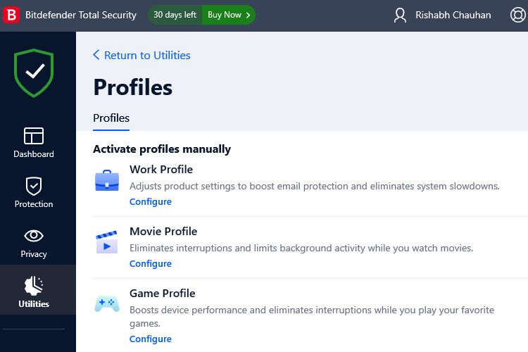 Bitdefender Total Security Profiles Window