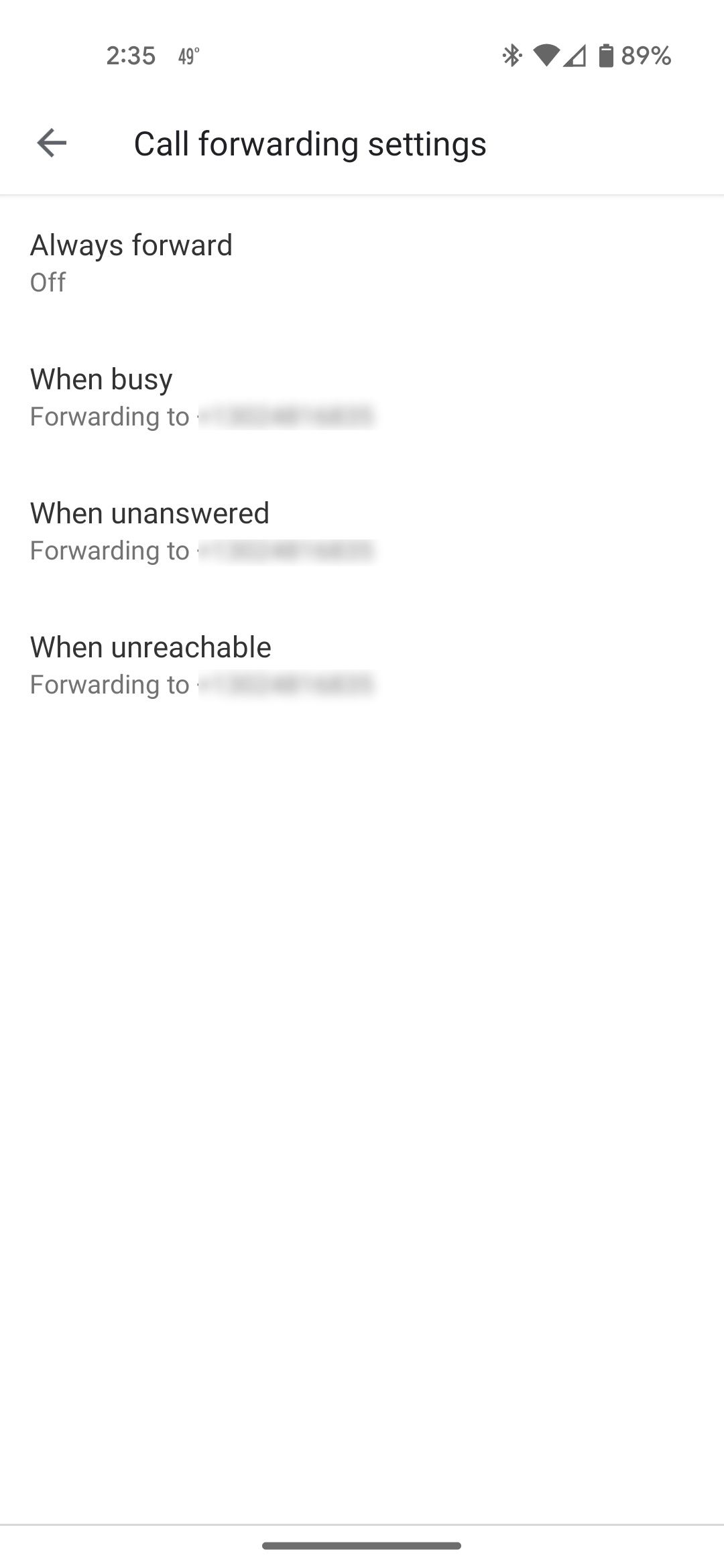 Call forward settings in Android phone app