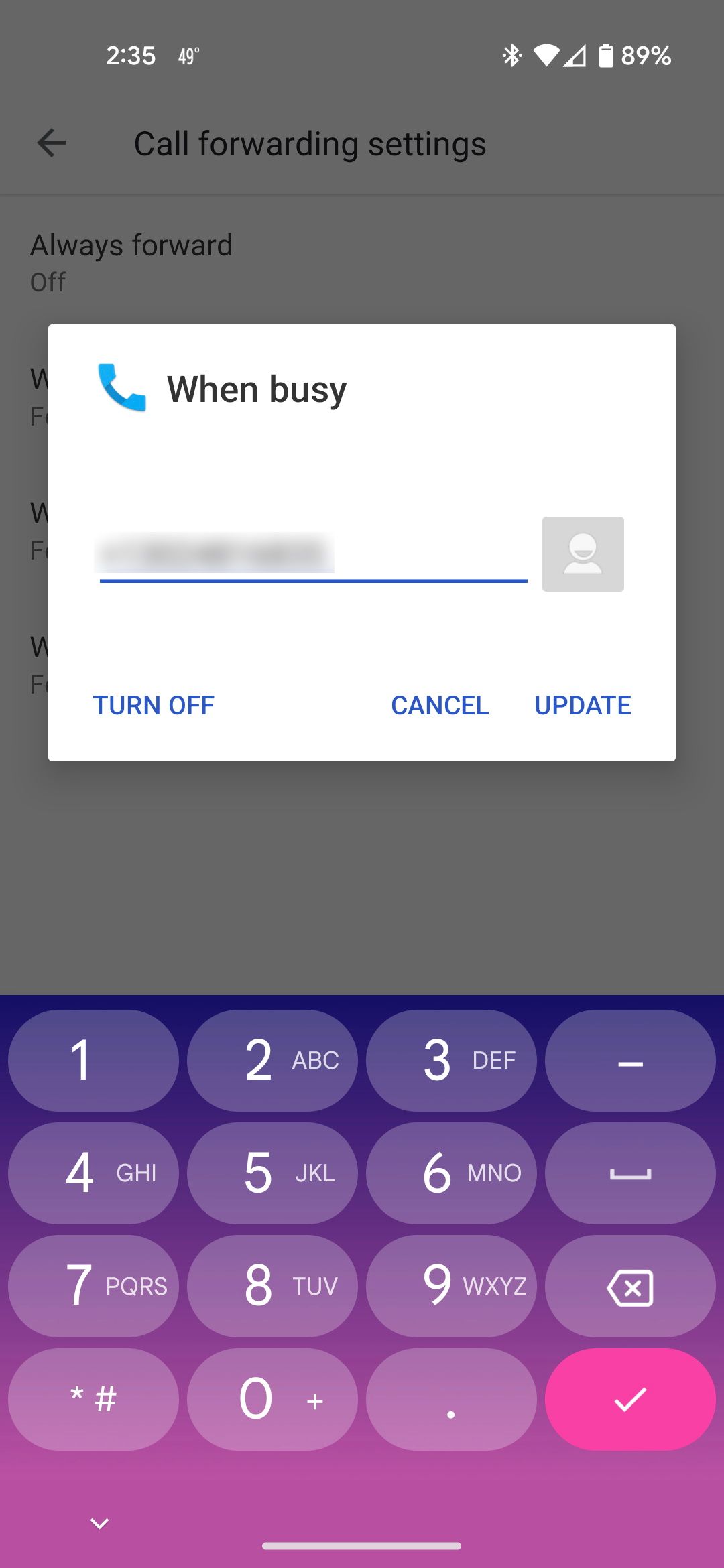 Adding a number to call forwarding when busy rule in Android phone app