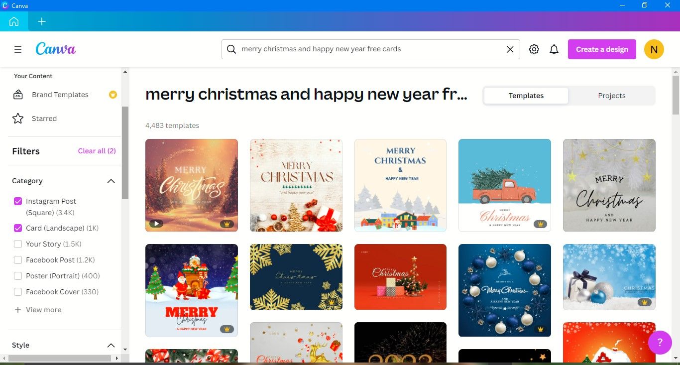 Options for Christmas and New Year cards in the Canva app 
