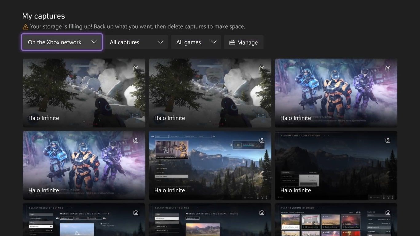 Une capture d'écran du menu principal de l'application Captures Xbox. 