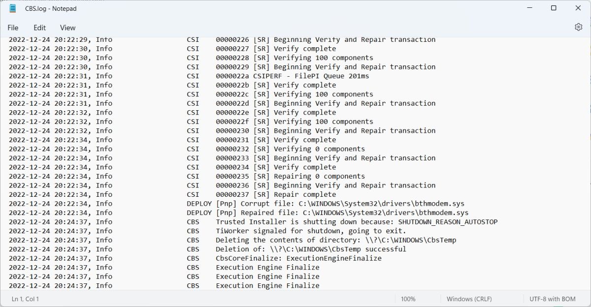 file di registro cbs su Windows aperto in Blocco note che mostra parte del tag SR