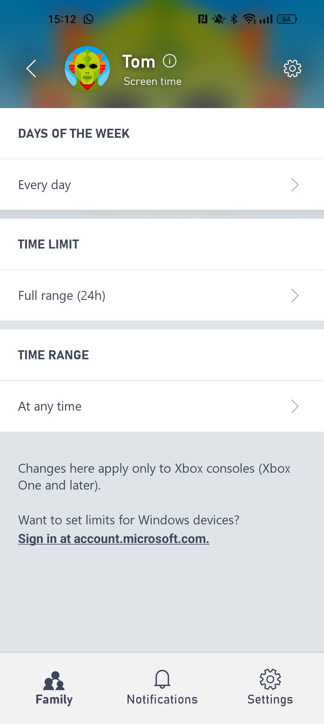 A screenshot showing the schedule settings for Screen Time parental options in the Xbox Family Settings app