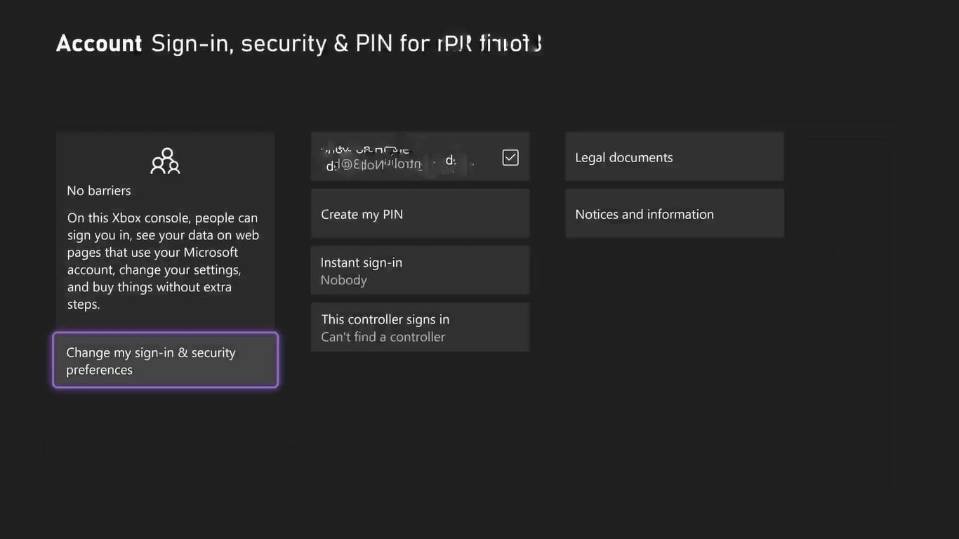 A screenshot of signing in security and PIN settings on an Xbox Series X with Change my sign in and security preferences highlighted 
