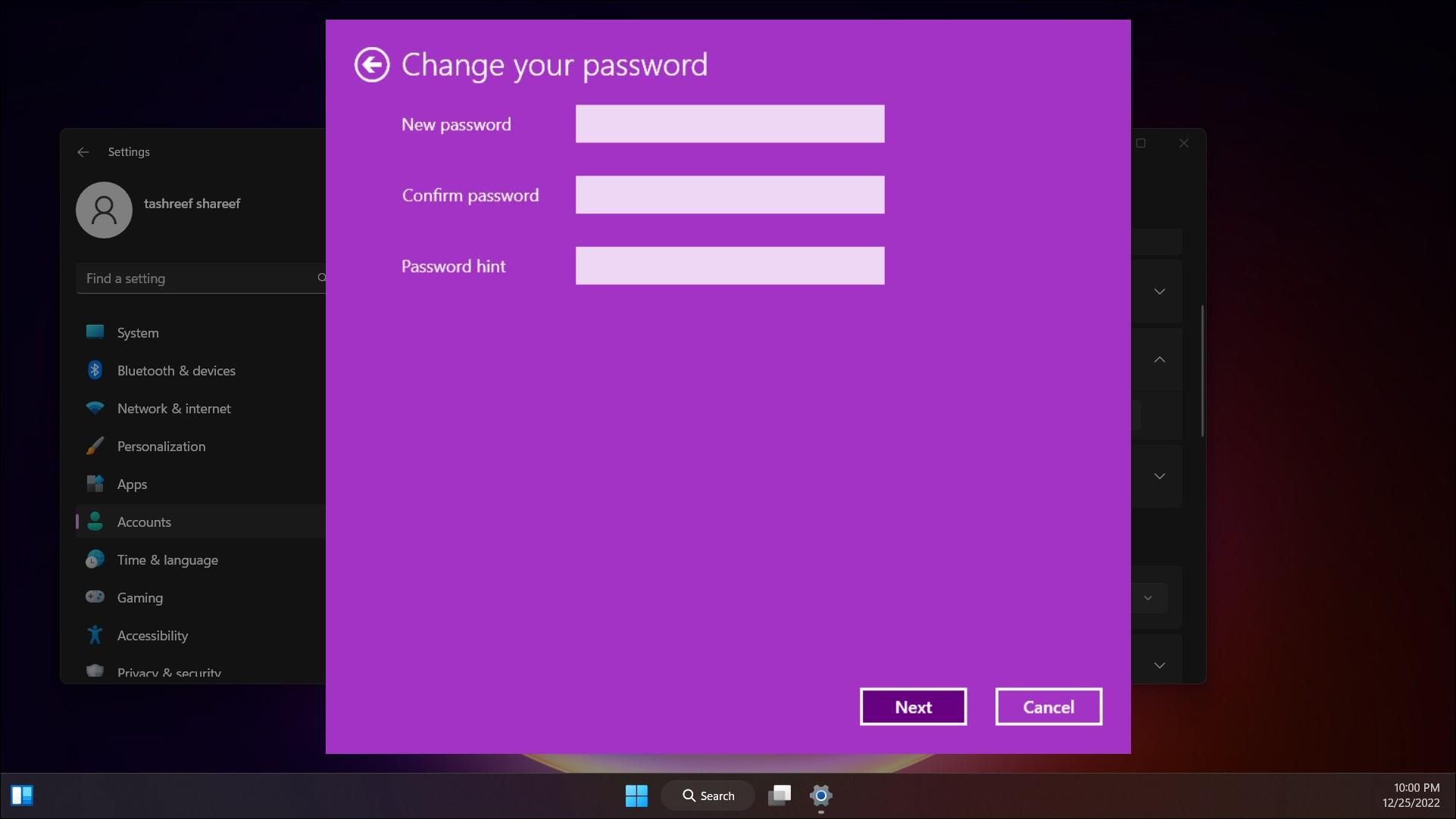 thay đổi cài đặt mật khẩu tài khoản người dùng mật khẩu mới