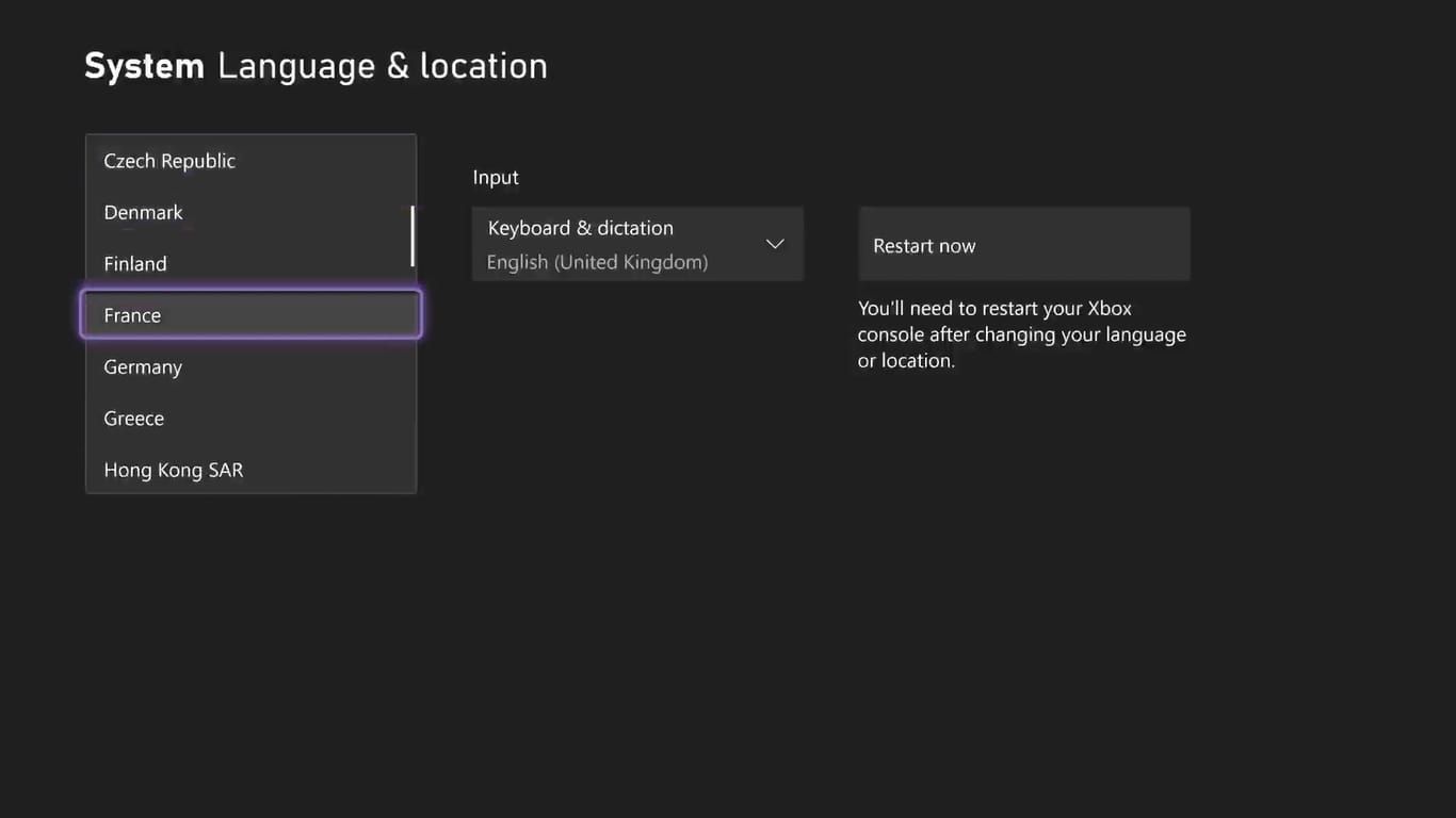 A screenshot of the Xbox Series X language and location settings with a region change to France highlighted 