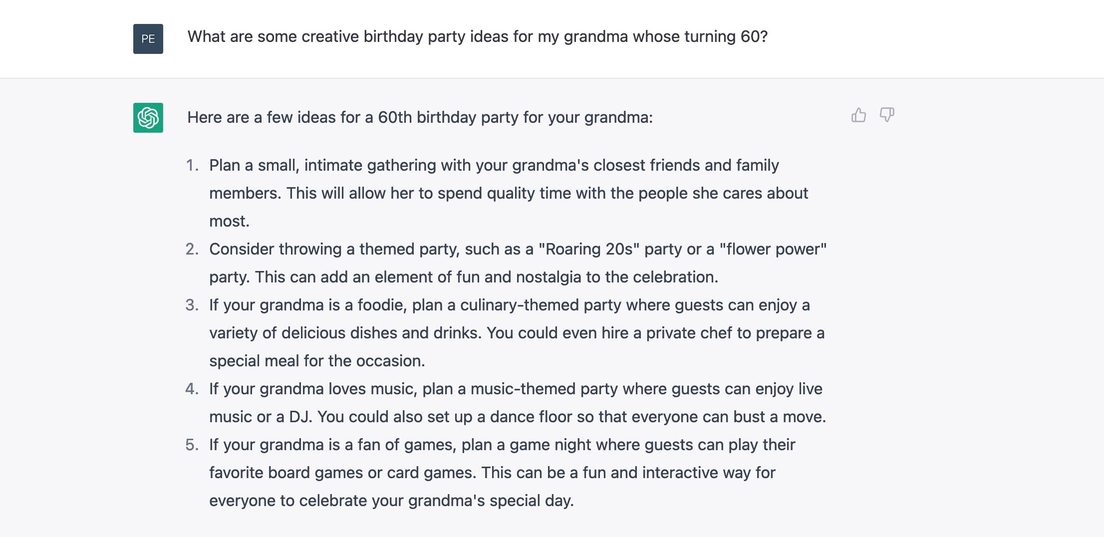 ChatGPT gợi ý ý tưởng sinh nhật cho sinh nhật lần thứ 60 của một người