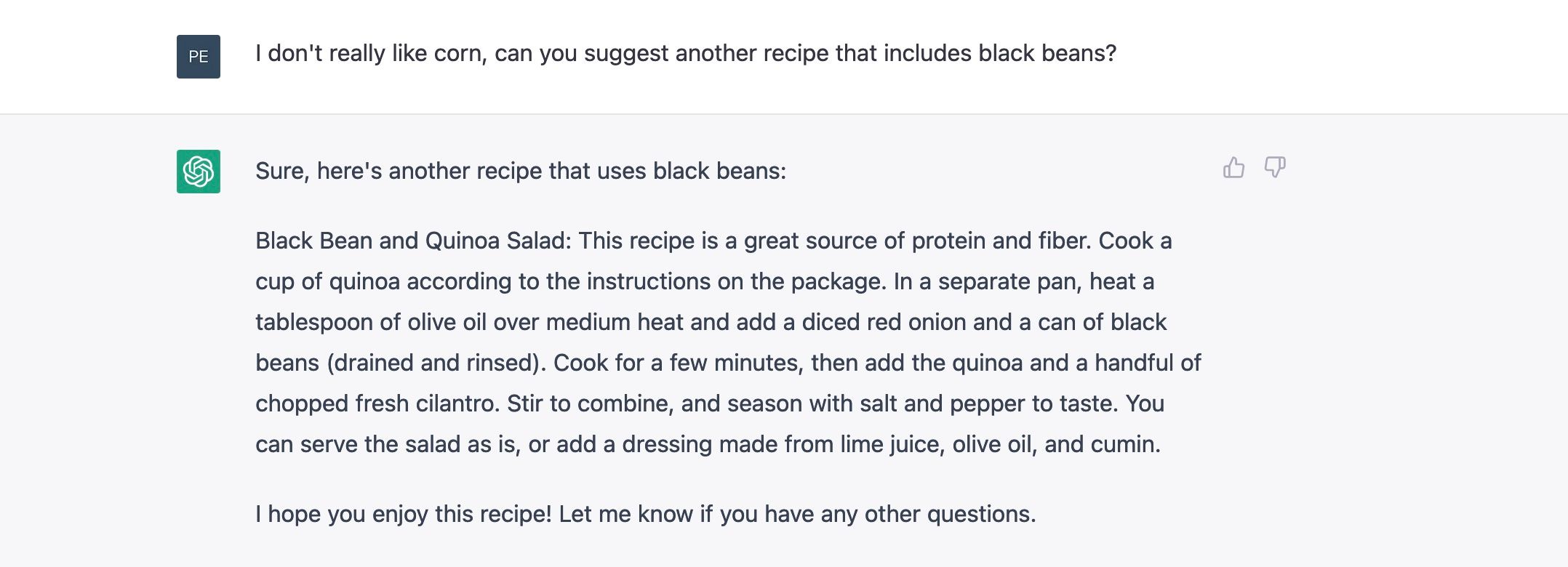 ChatGPT suggests a different recipe that doesn't use corn.