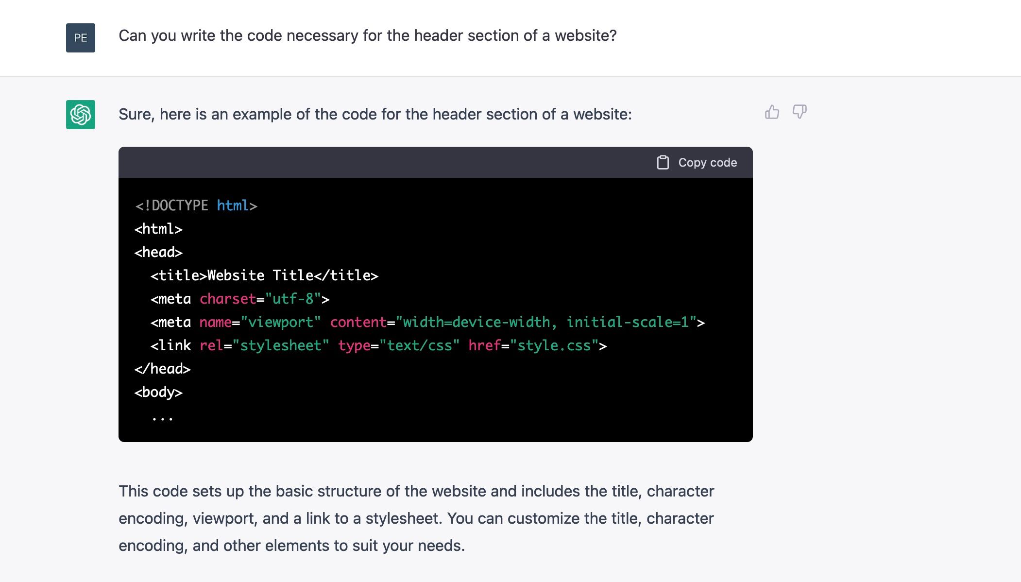 ChatGPT gives an example of how to code a website header section