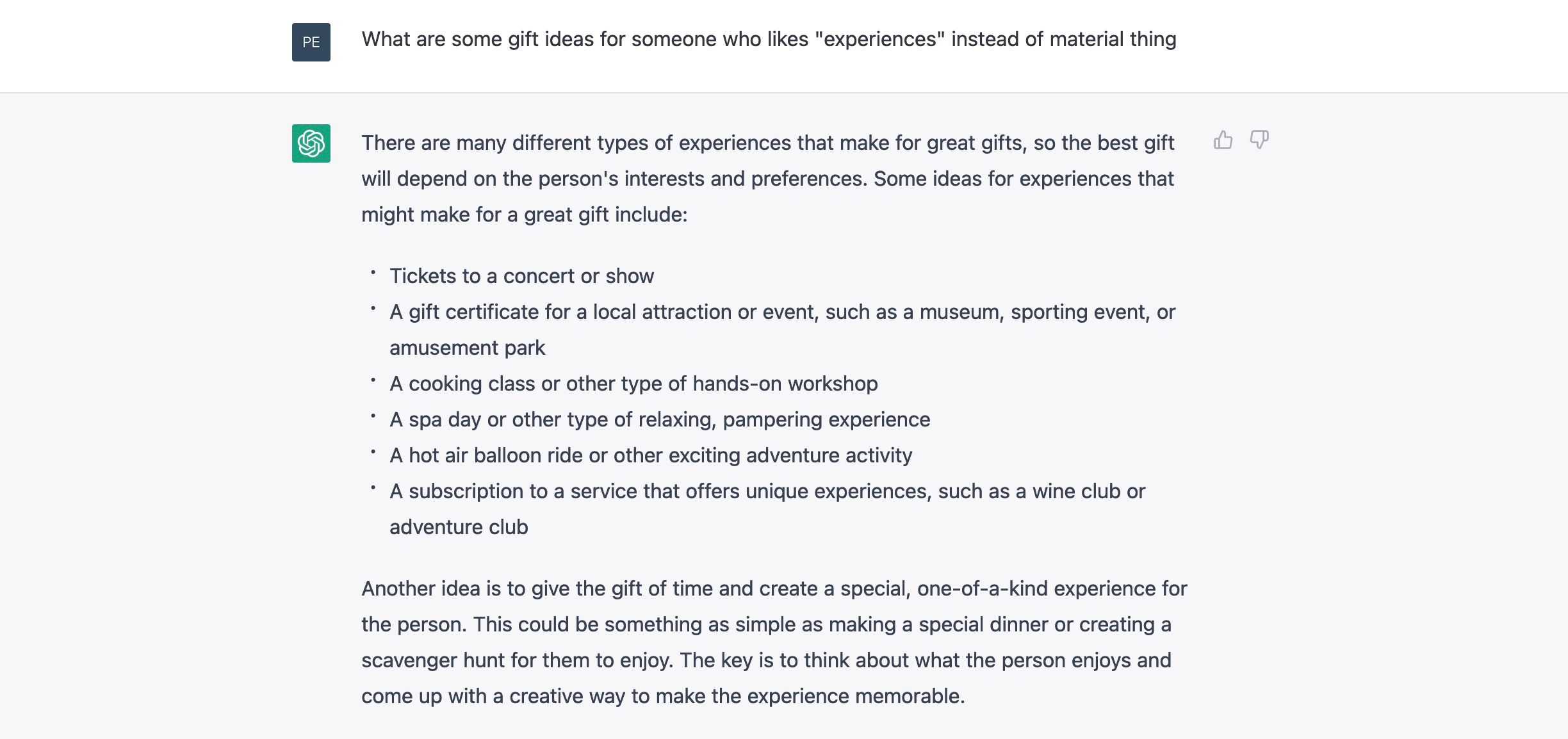 ChatGPT menyarankan ide hadiah untuk seseorang yang menyukai pengalaman daripada hal-hal materi