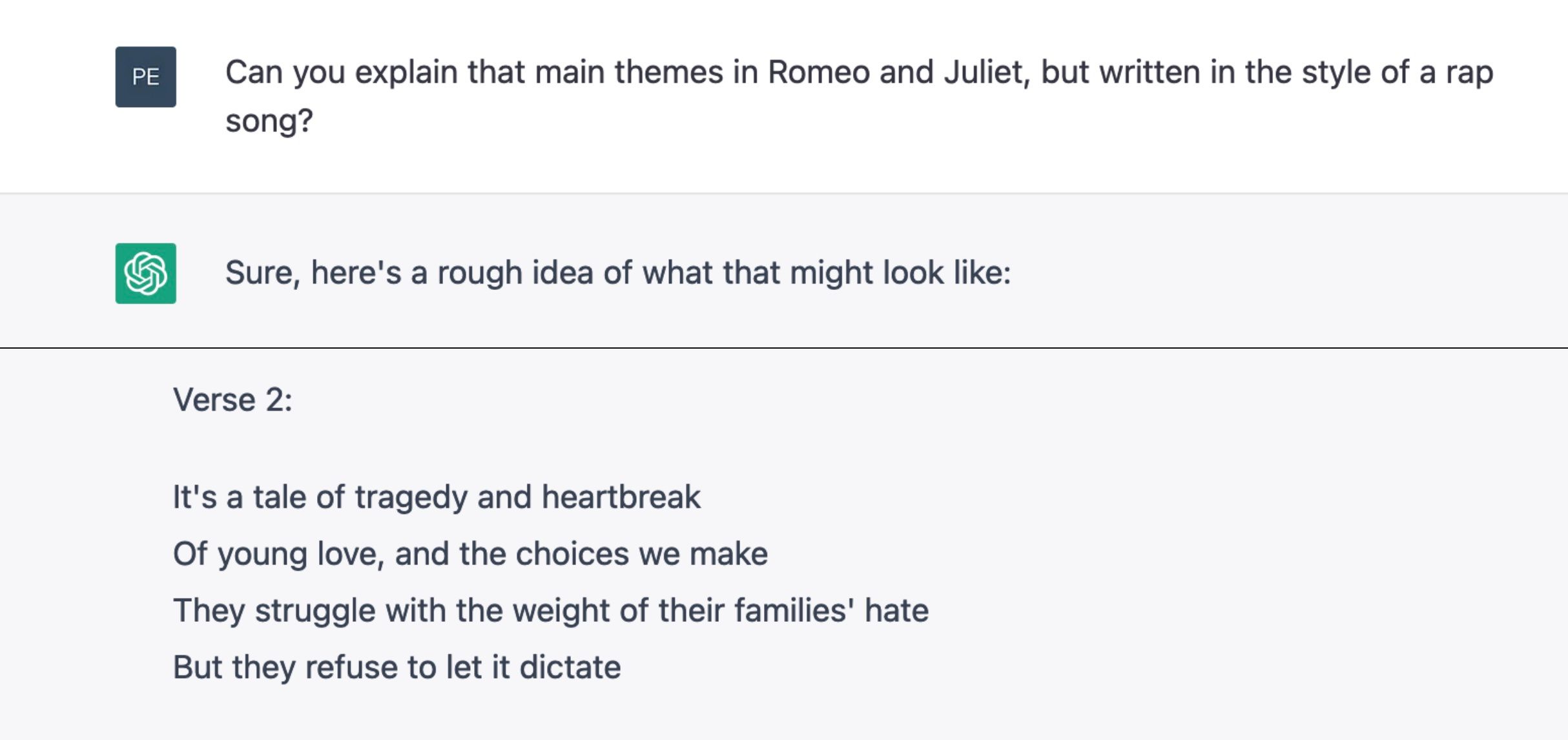 ChatGPT writes a rap explaining the main themes of Romeo and Juliet