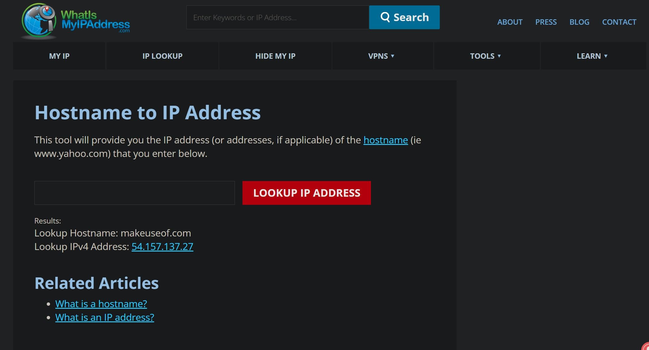 Verificando o endereço IPv4 de pesquisa no site Whatismyipaddress