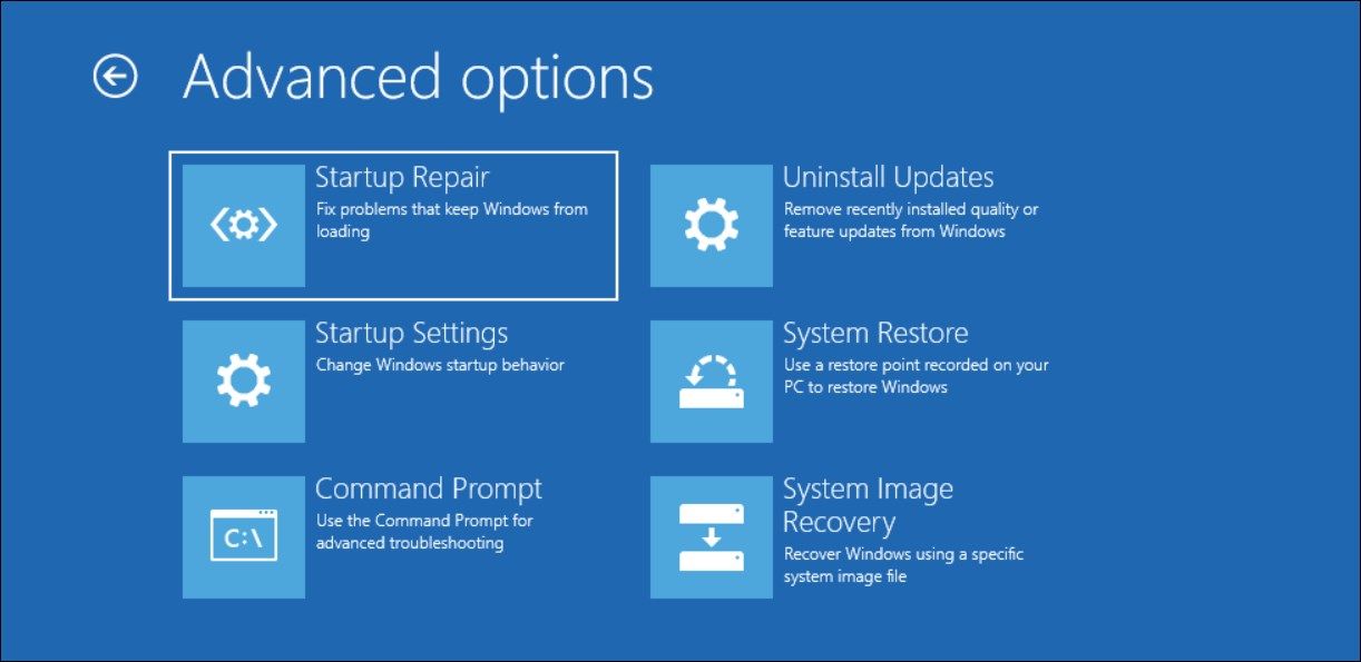 seleccione una opción entorno de recuperación de Windows opciones avanzadas restauración del sistema 