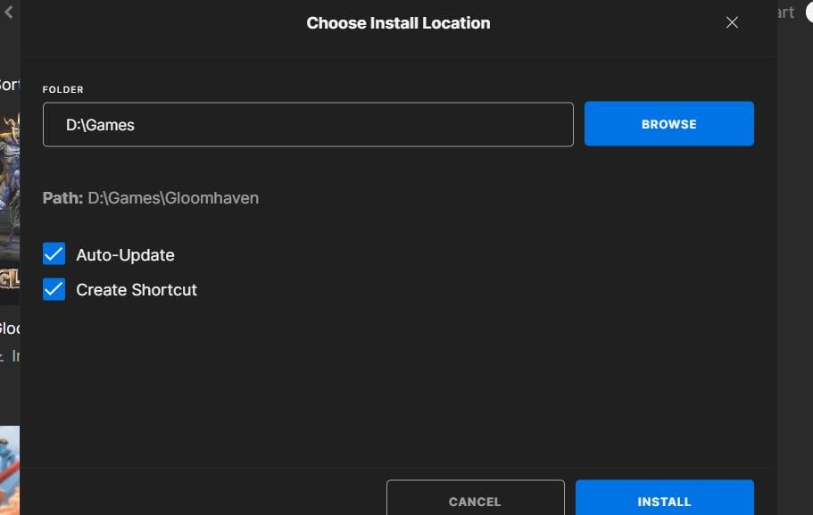 The Choose Install Location window in Epic Games 