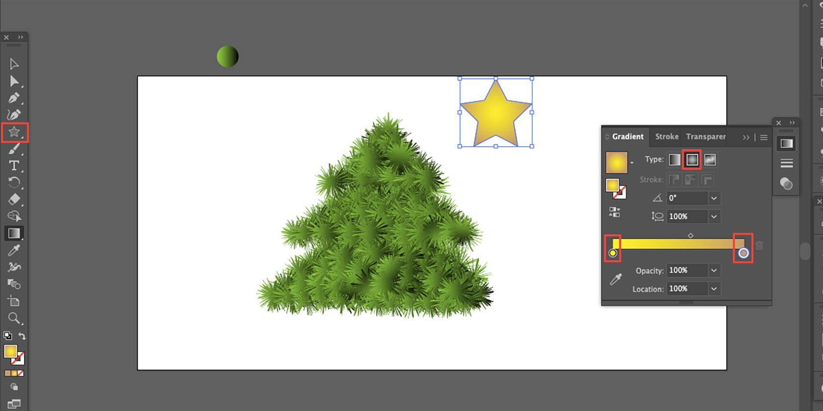 Christmas tree with golden star on Adobe Illustrator.