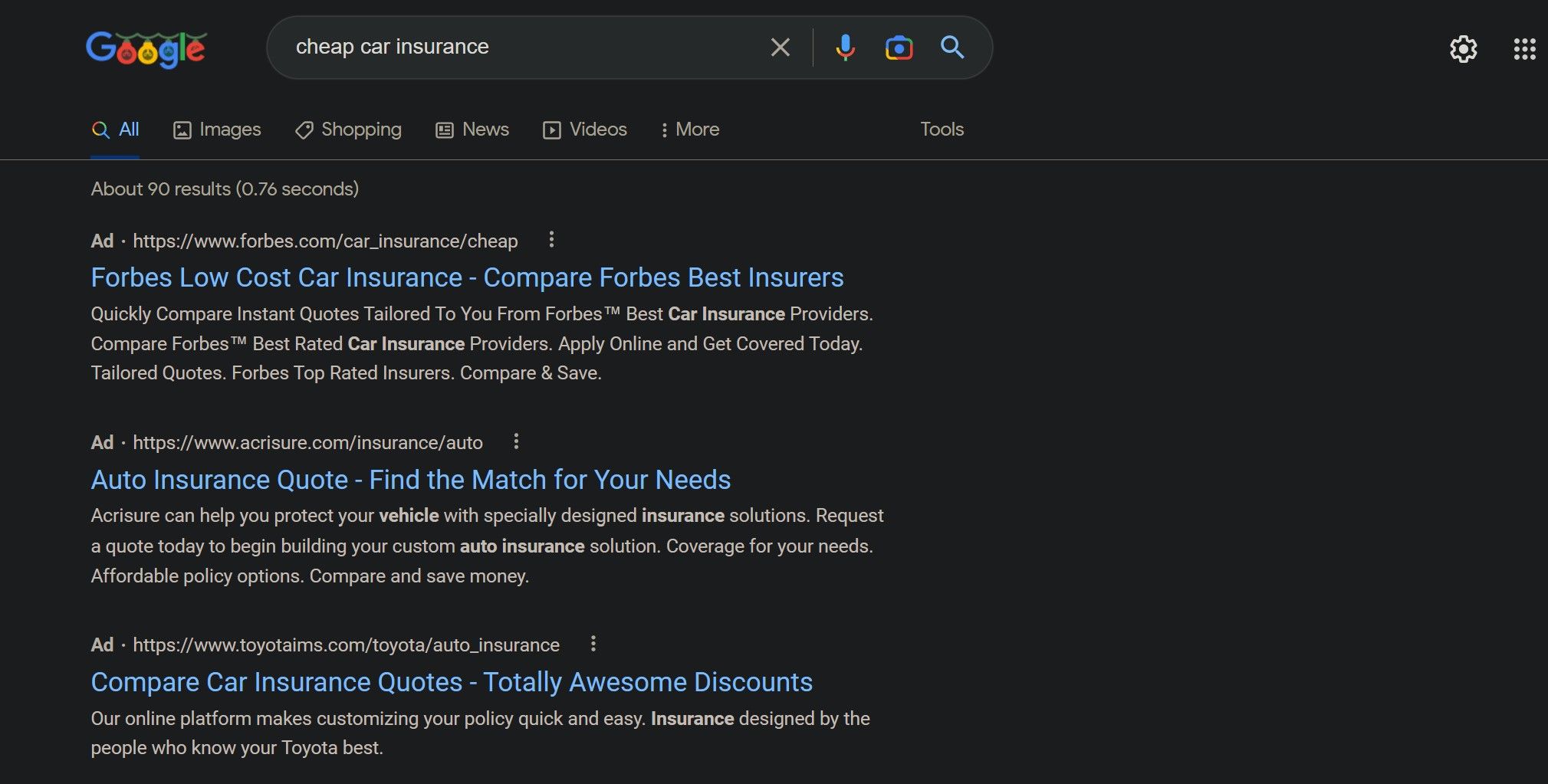 Google search engine showing paid search results for cheap car insurance keywords in Chrome