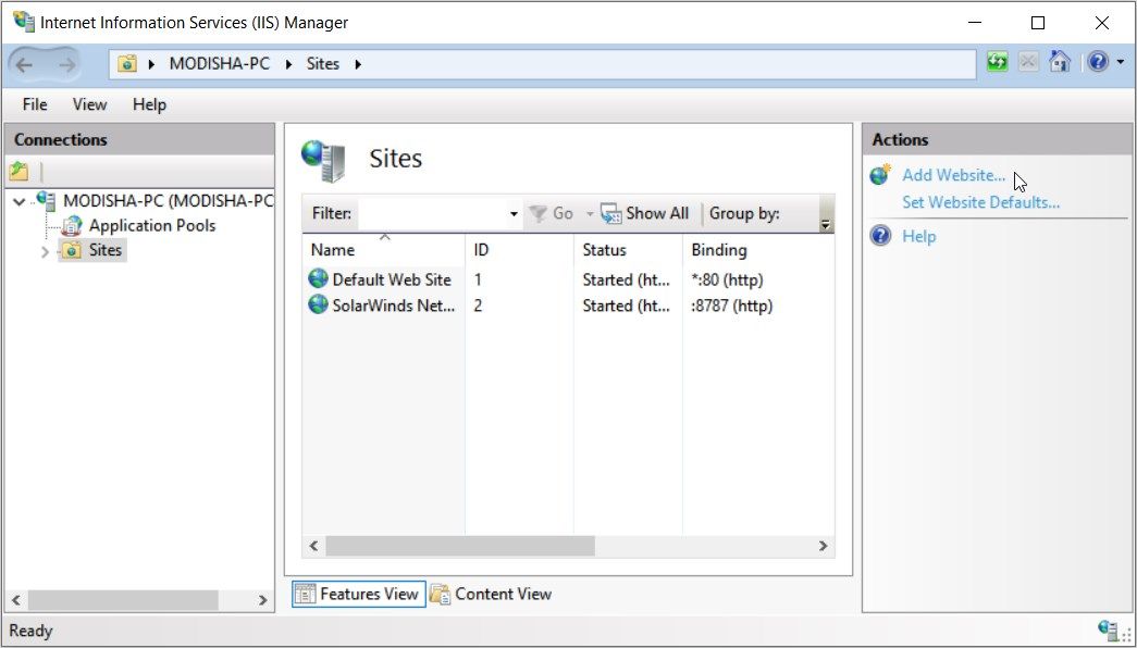 Clicking on the Add Website option in IIS Manager