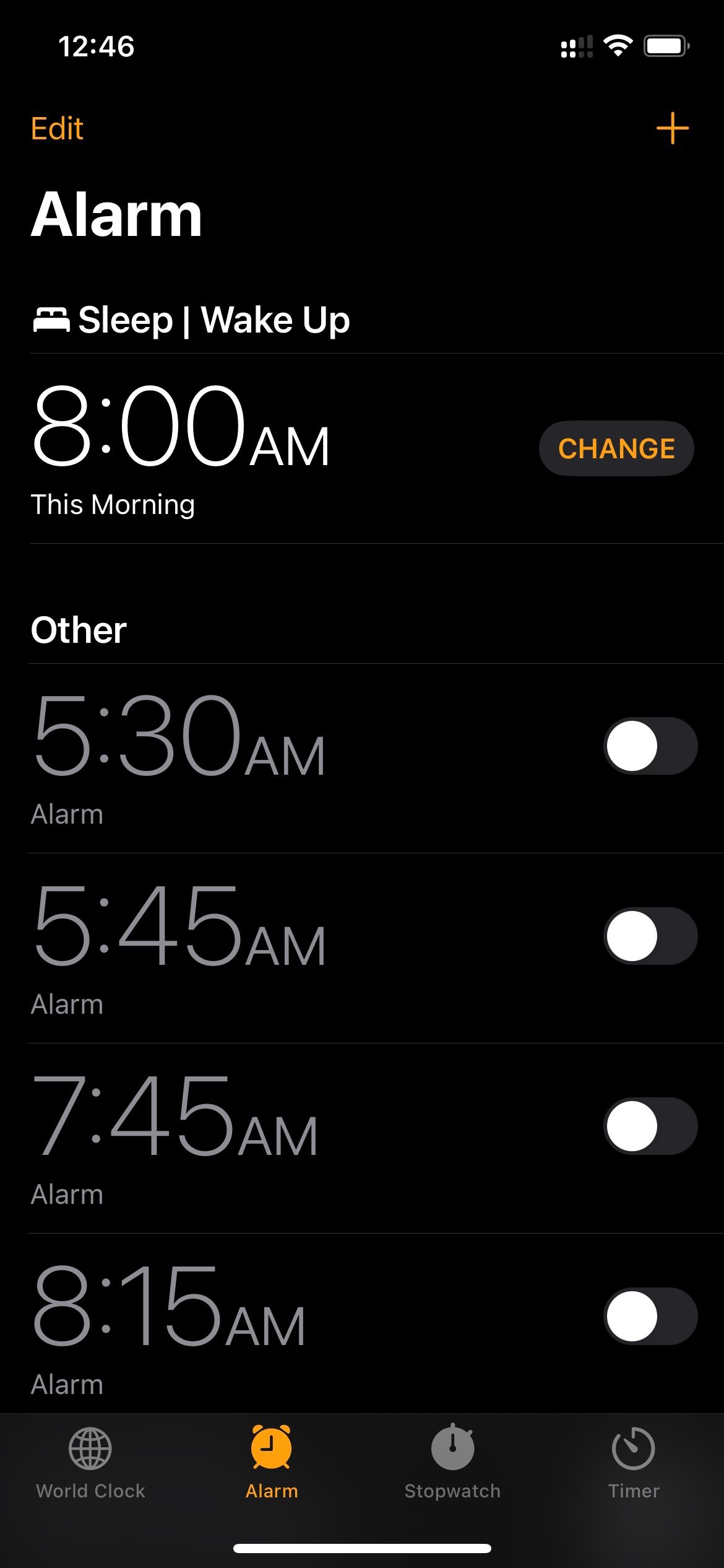 Alarm tab in Clock app on iPhone