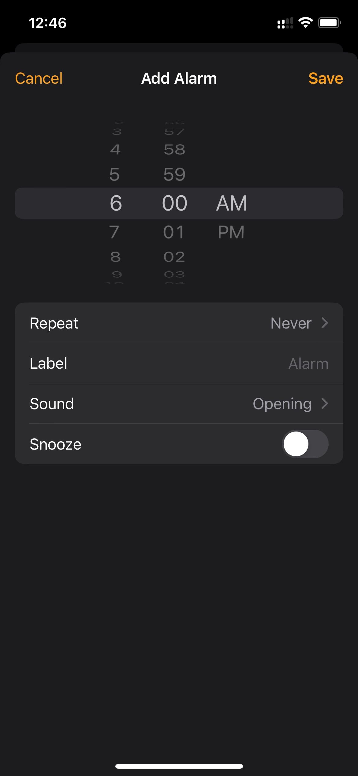 Set a new alarm and disable Snooze