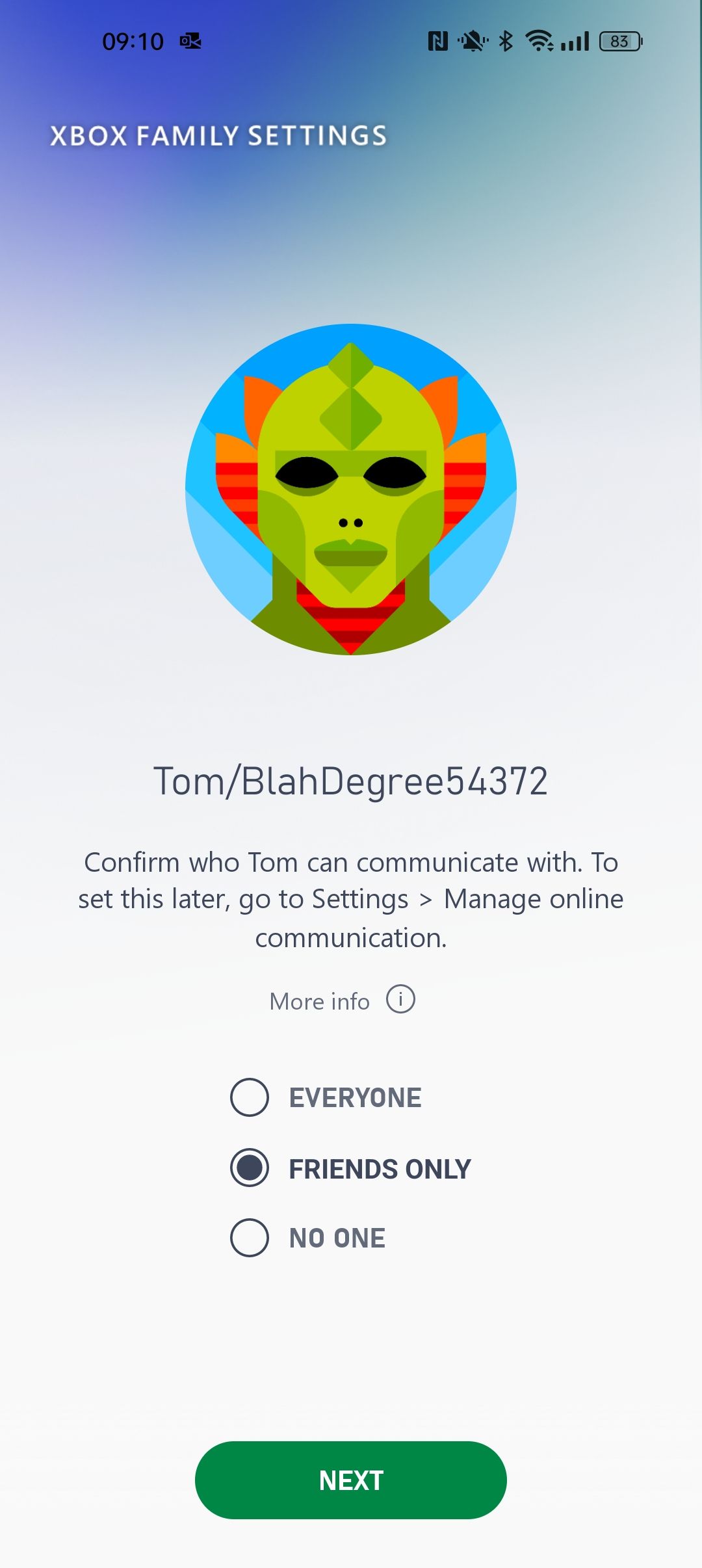 A screenshot of the Xbox Family Settings app highlighting communication preferences for a new family member