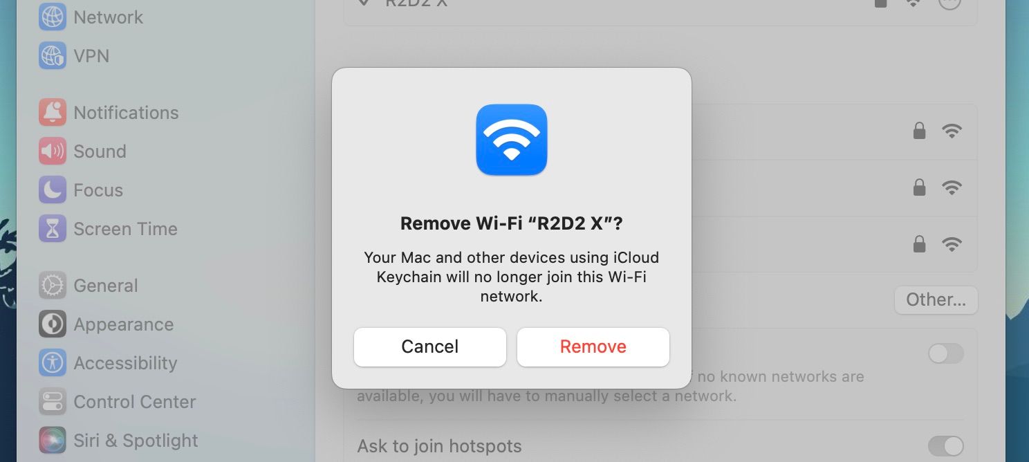 Confirmation request to delete Wi-Fi