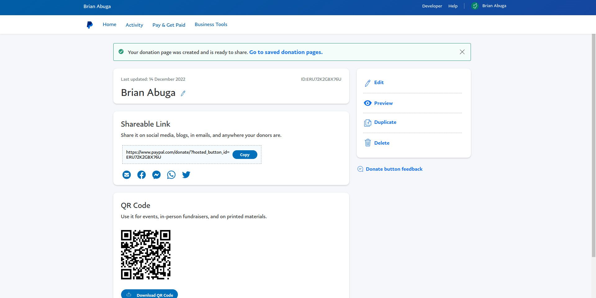 Ready PayPal donation page with QR code
