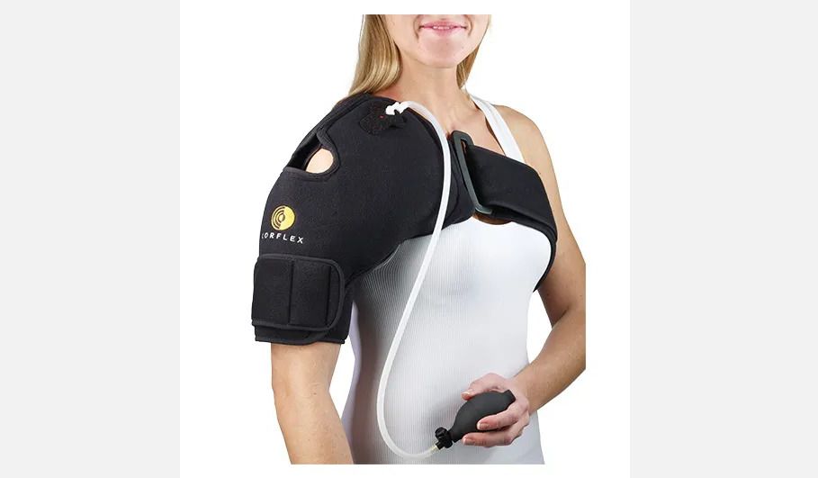 Woman wearing Coreflex Cryotherm Pneumatic device