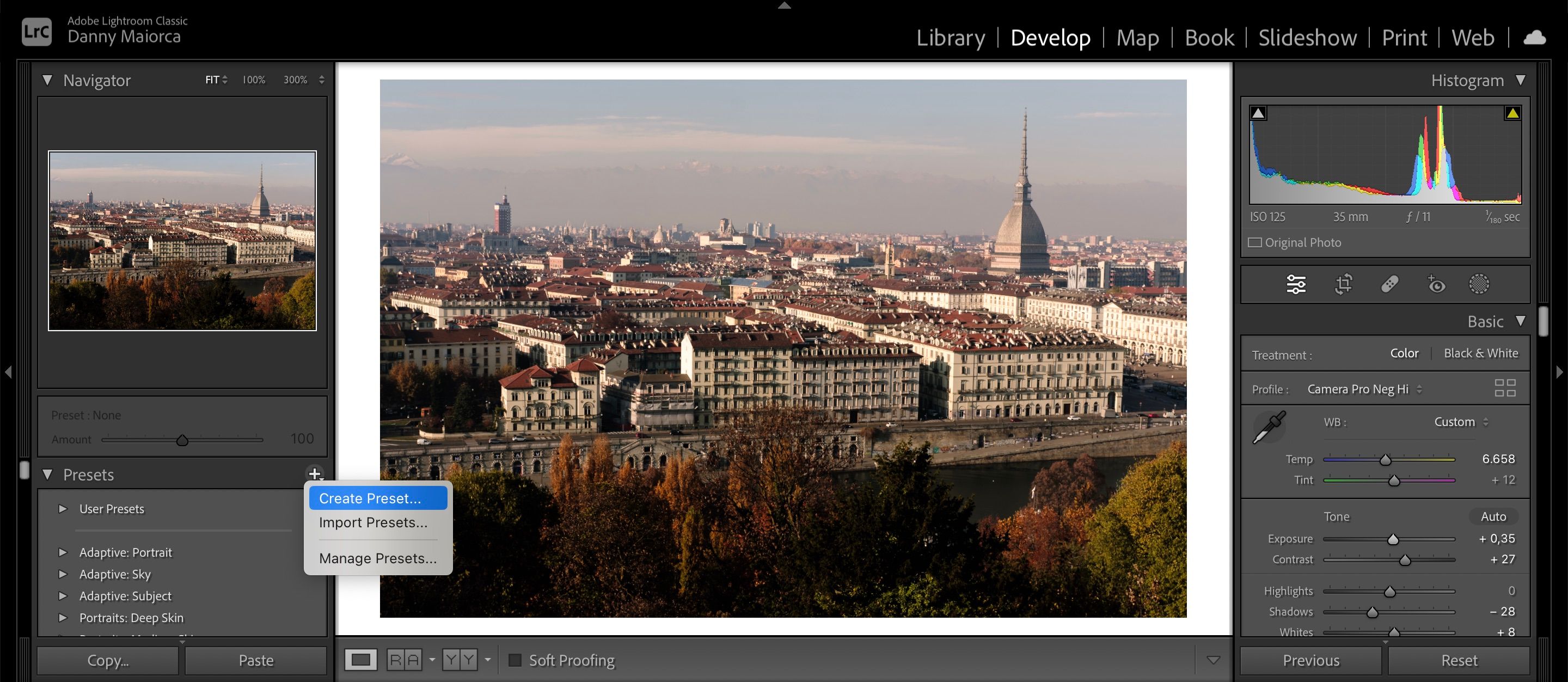 Screenshot showing how to create a preset in Adobe Lightroom