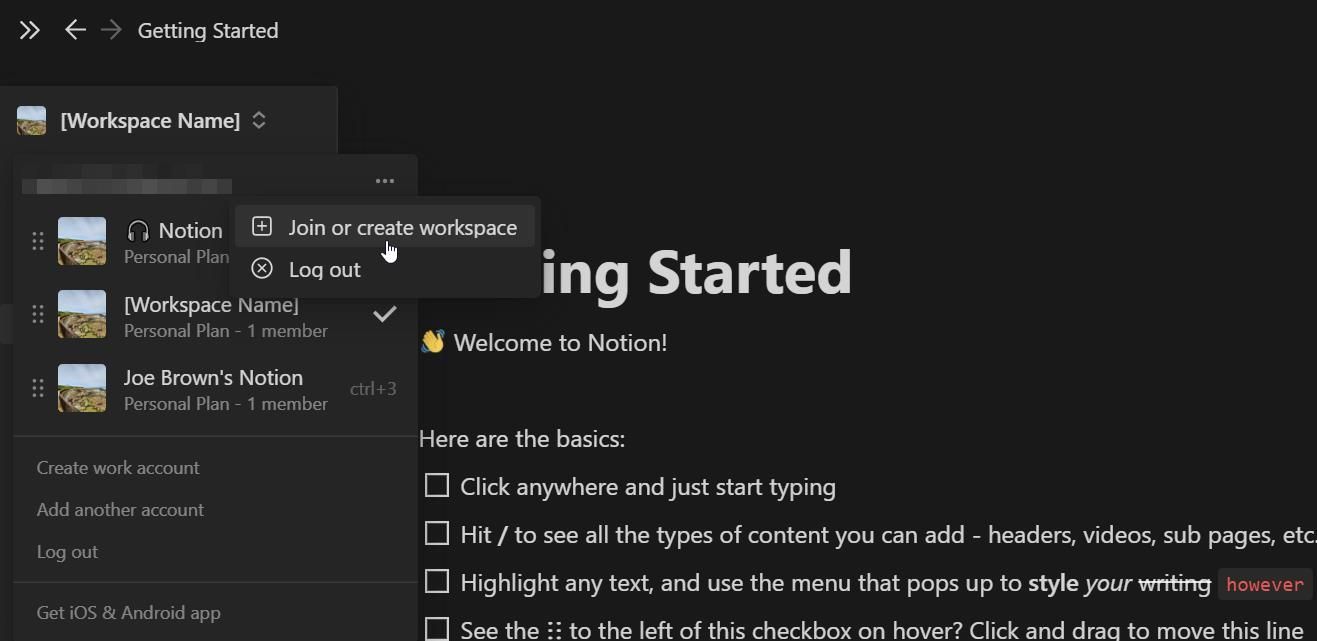 Creating a new workspace in Notion