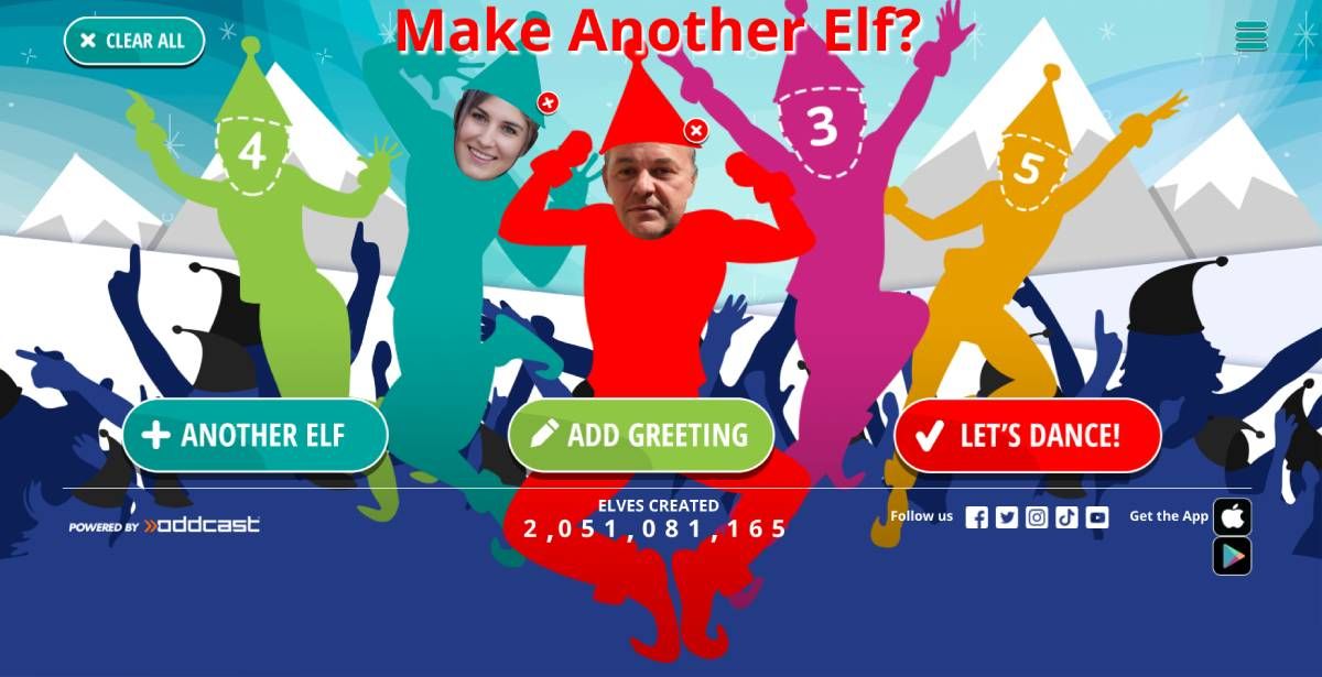 Elf Yourself allows you to add up to five faces and create fun videos of dancing elves that you can download and share as a Christmas greeting.