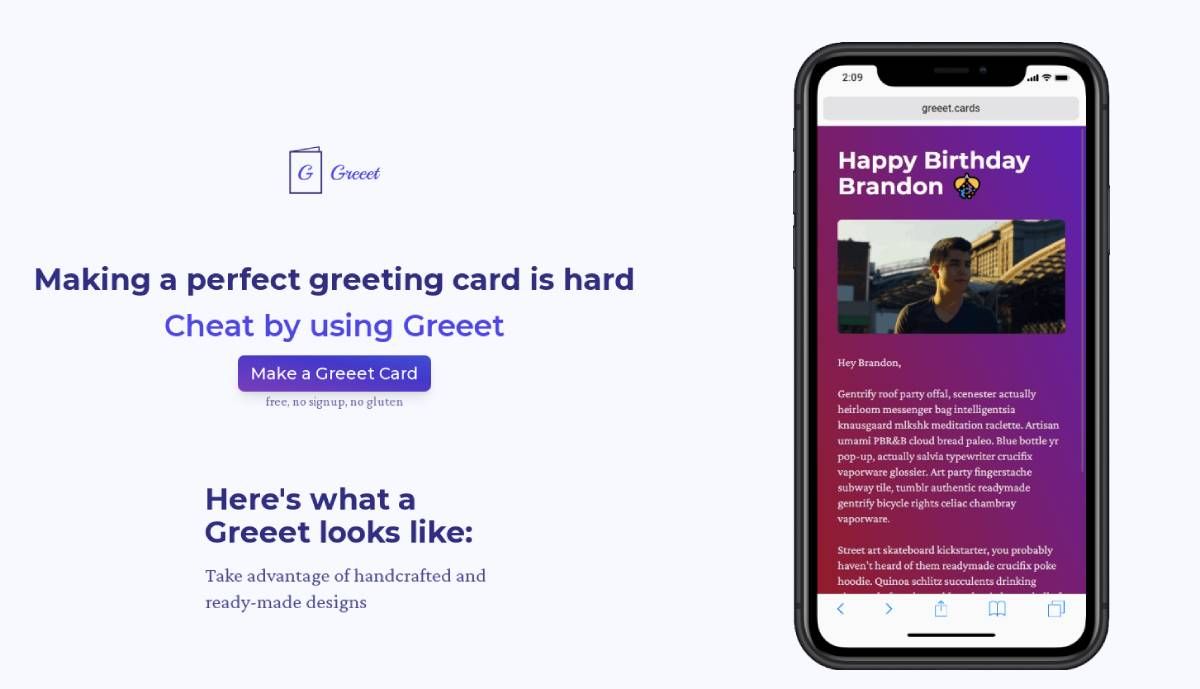 Greeet est une application gratuite et simple sans connexion pour créer une carte électronique avec un message personnalisé pour cette personne spéciale