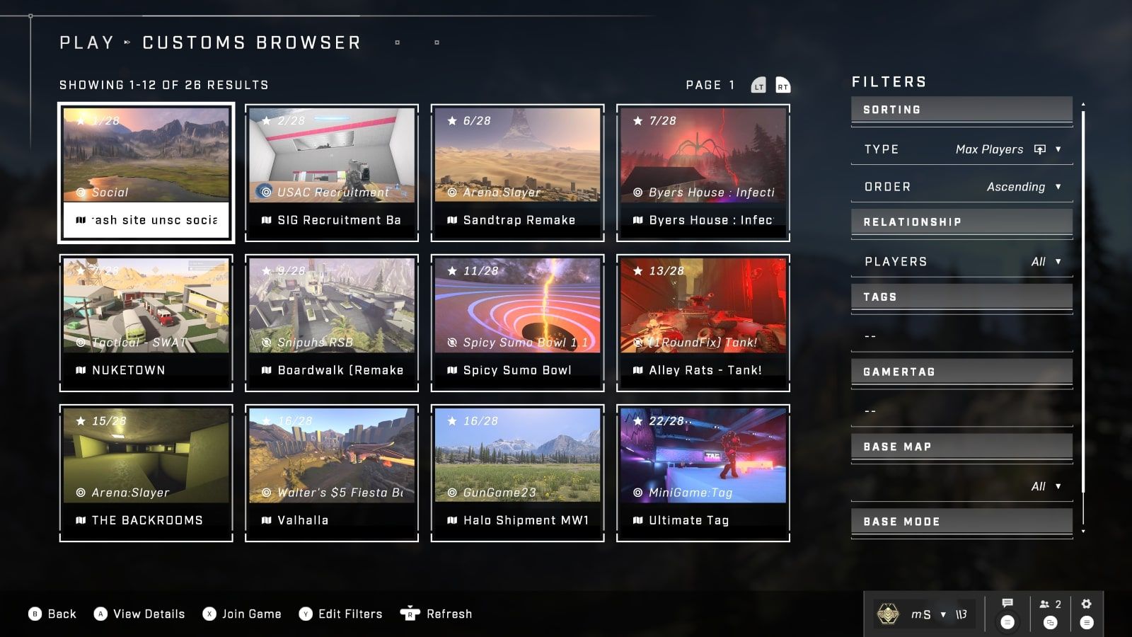 Una captura de pantalla del navegador de juegos personalizados de Halo Infinite que destaca los lobbies disponibles