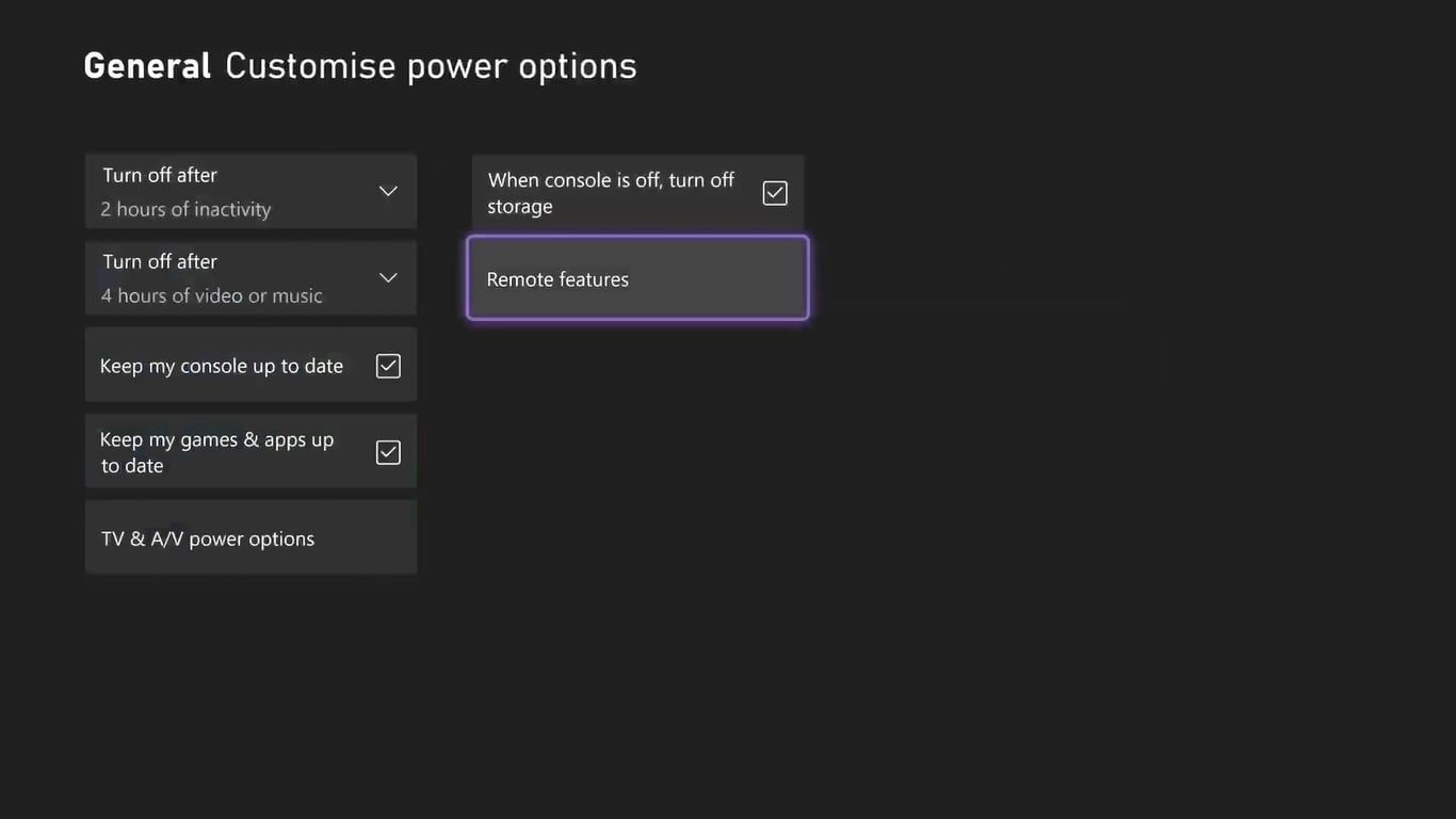 A screenshot of the Customize Power Options settings screen on Xbox Series X 