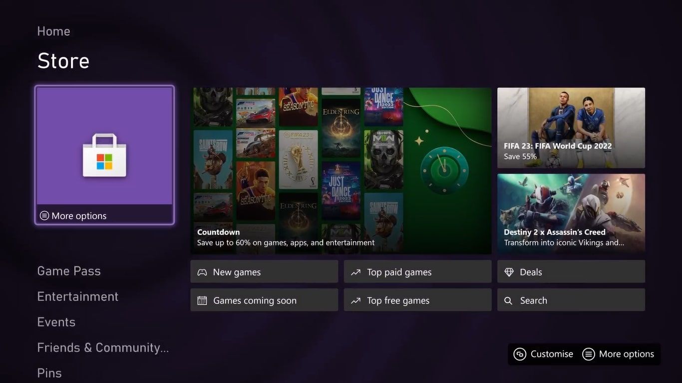 A screenshot of the tabs available on the Xbox Series X dashboard with Store highlighted