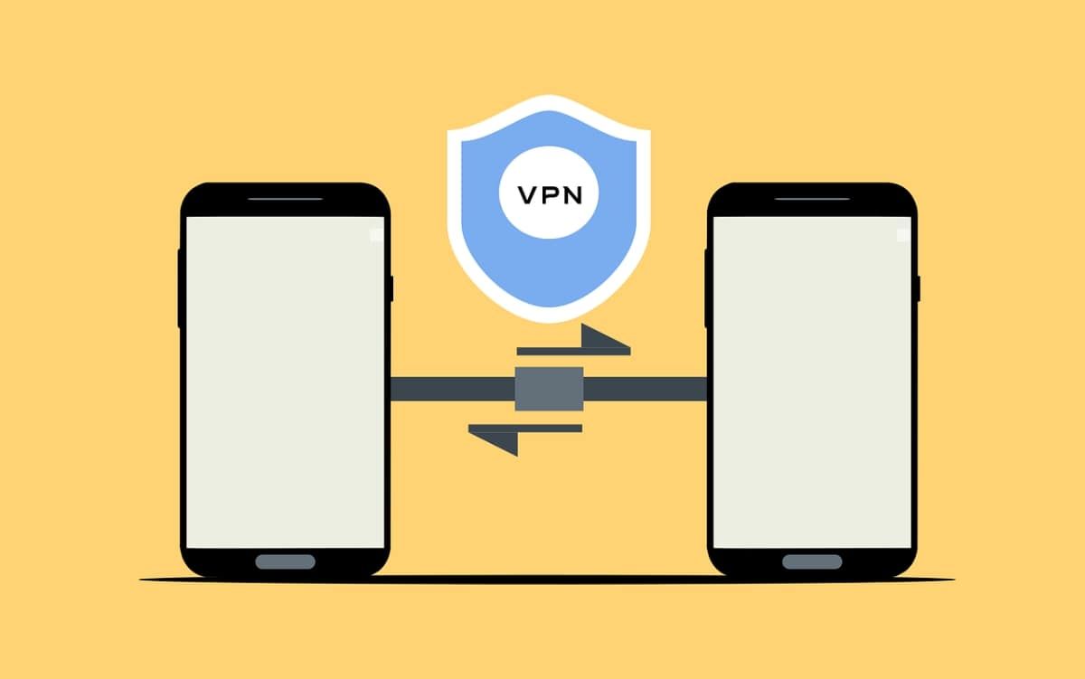 An illustration showing the transfer of data between two smartphones using a VPN