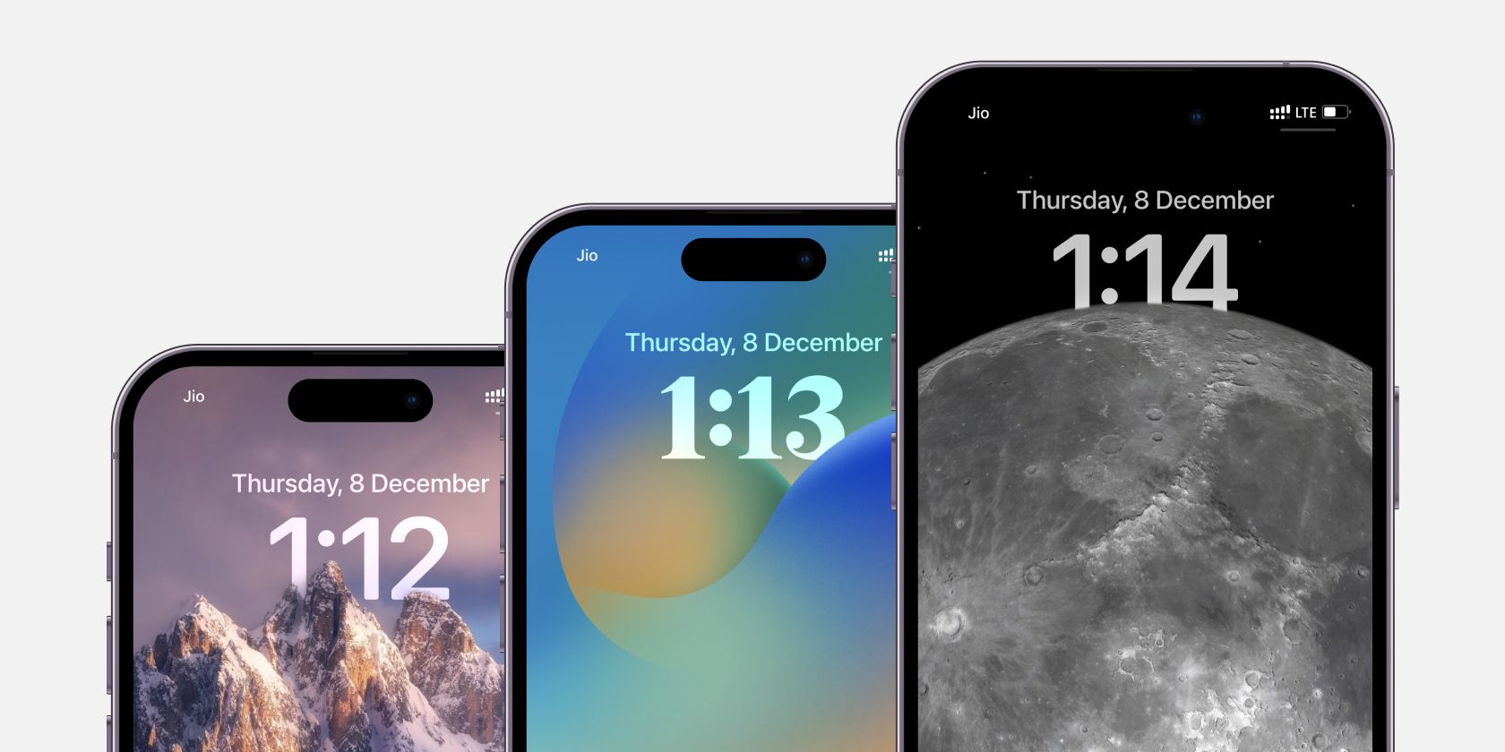 Three iPhone 14 Pros showing a depth effect wallpaper on the lock screen