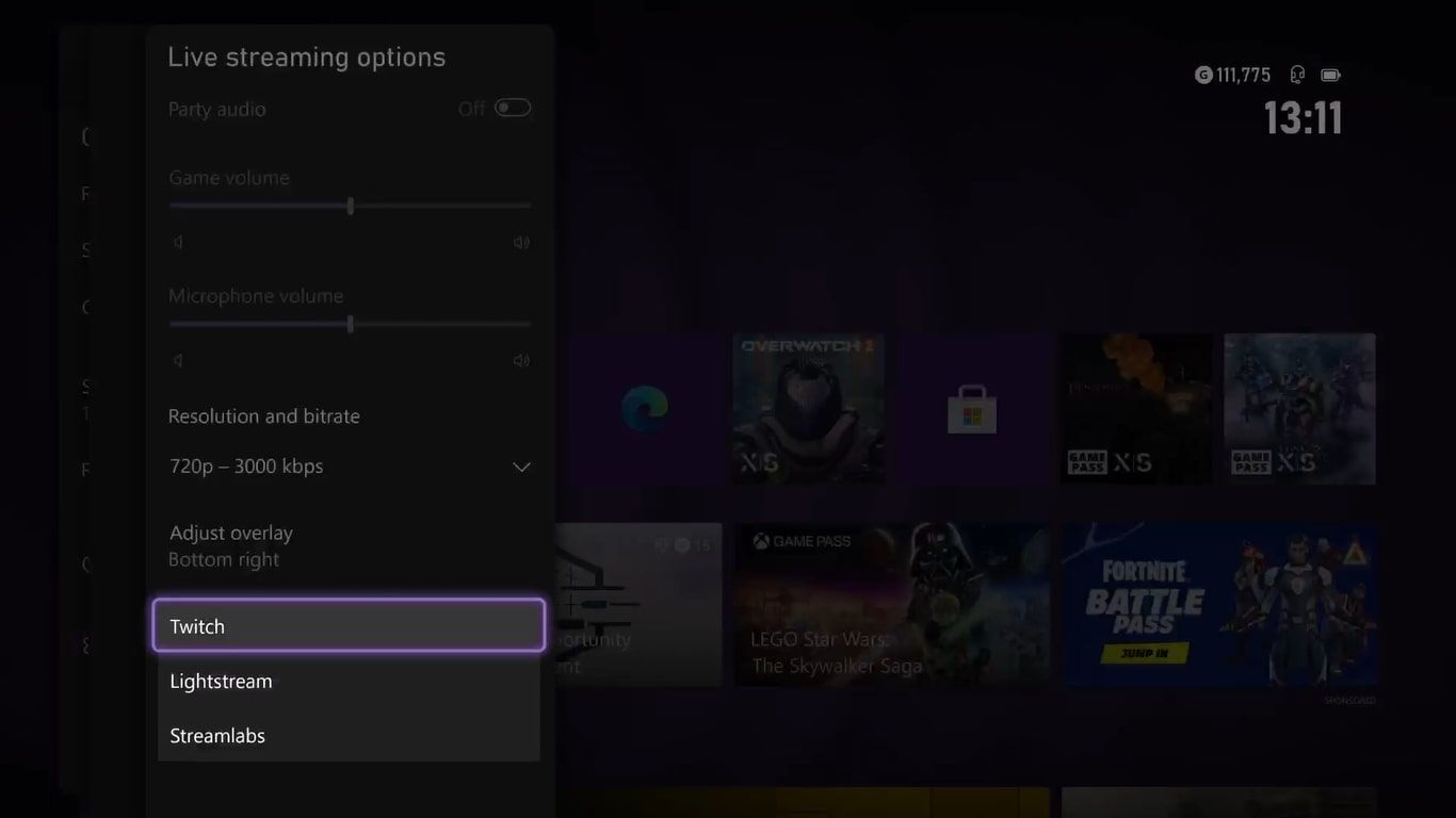 Tangkapan layar bagian tujuan halaman pengaturan Xbox Live Streaming dengan semua platform streaming yang tersedia disorot