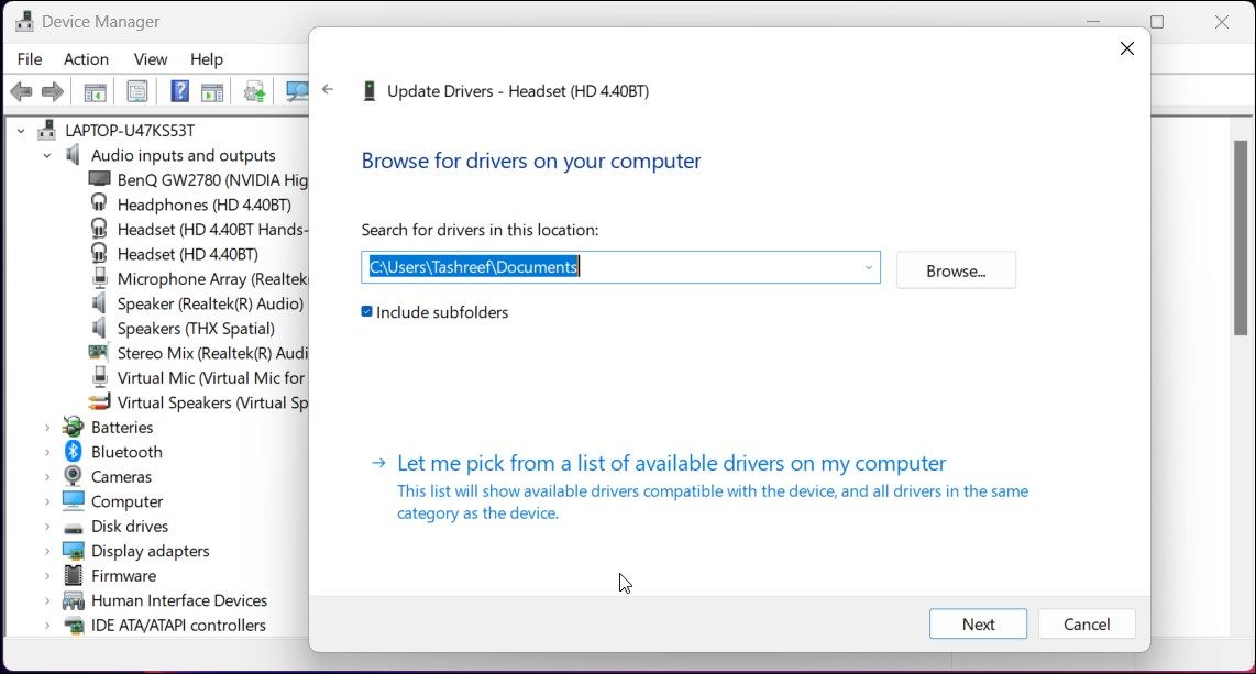 device manager update audio driver let me pick from list available drivers on computer