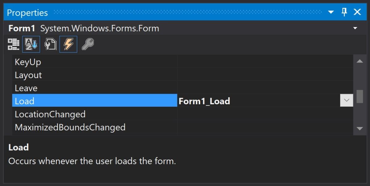 Form onload event selected in events window