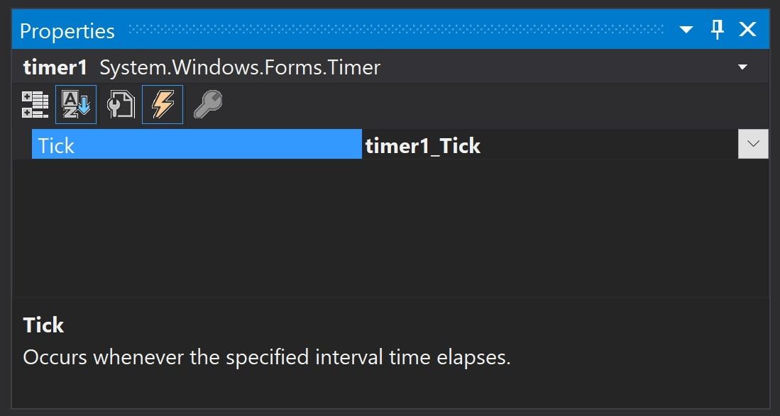 Visual Studio showing Tick event in events window