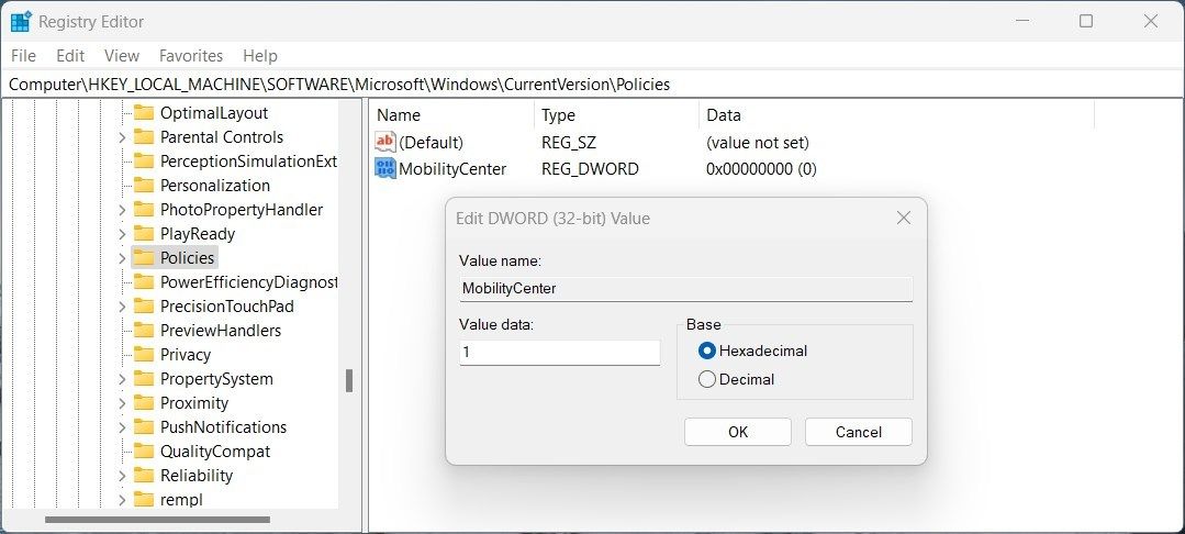 Disable Windows Mobility Center via Registry Editor