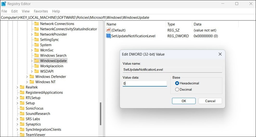 Deshabilitar las notificaciones de actualización de Windows usando el Editor del Registro