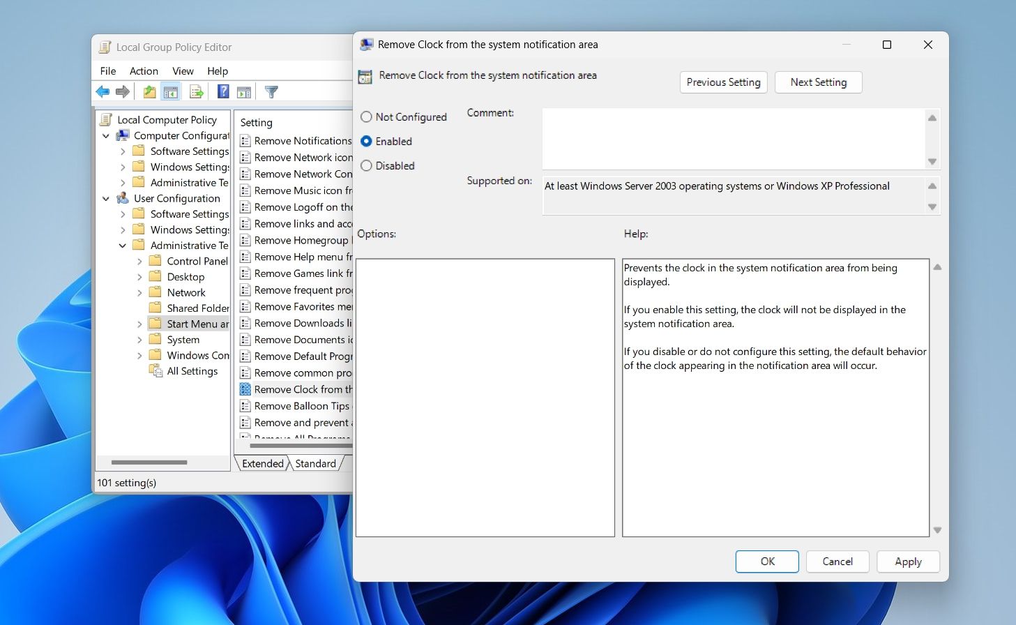Disabling Clock and Date using the local group policy editor