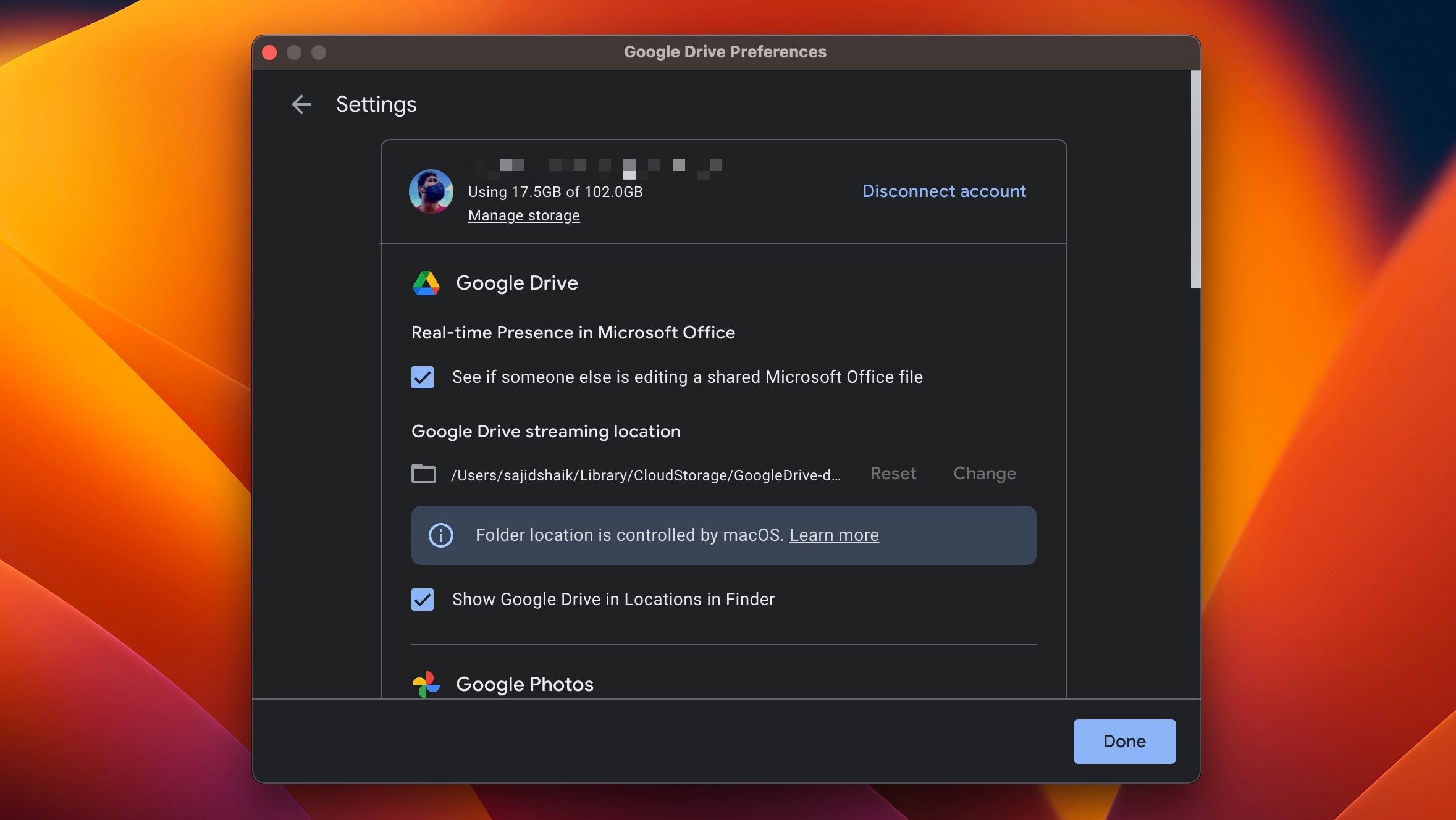 Select Disconnect account from Google Drive preferences