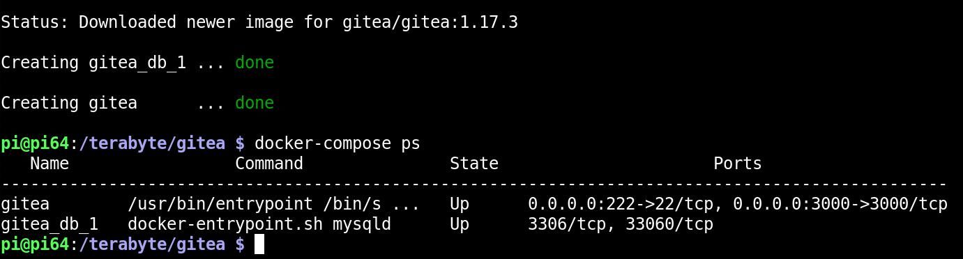 docker-compose ps showing gitea and gitea_db_1 as up