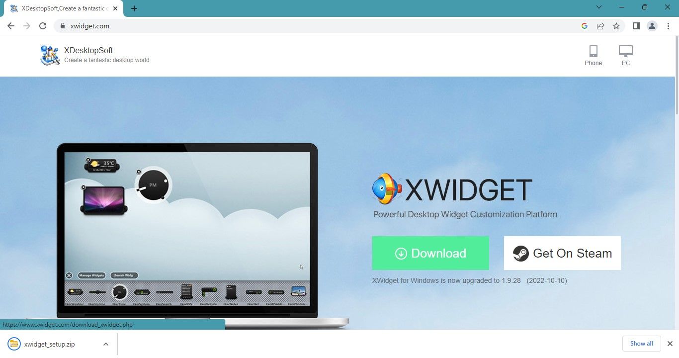 Pantalla de descarga de XWidget en el sitio web de XWidget