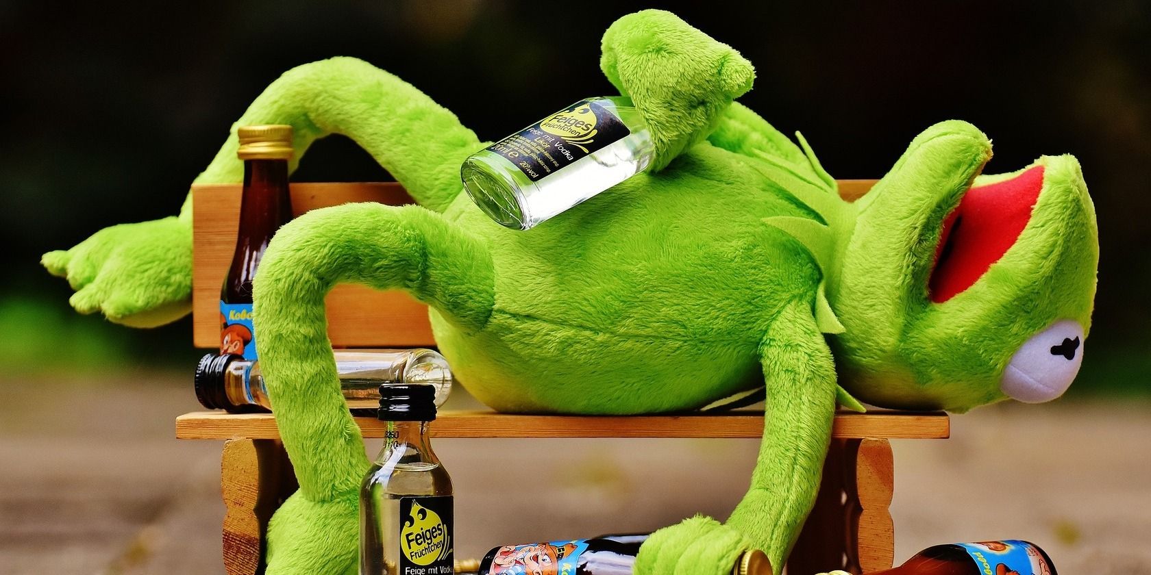Drunken Kermit the Frog lays supine on a bench surrounded by empty bottles