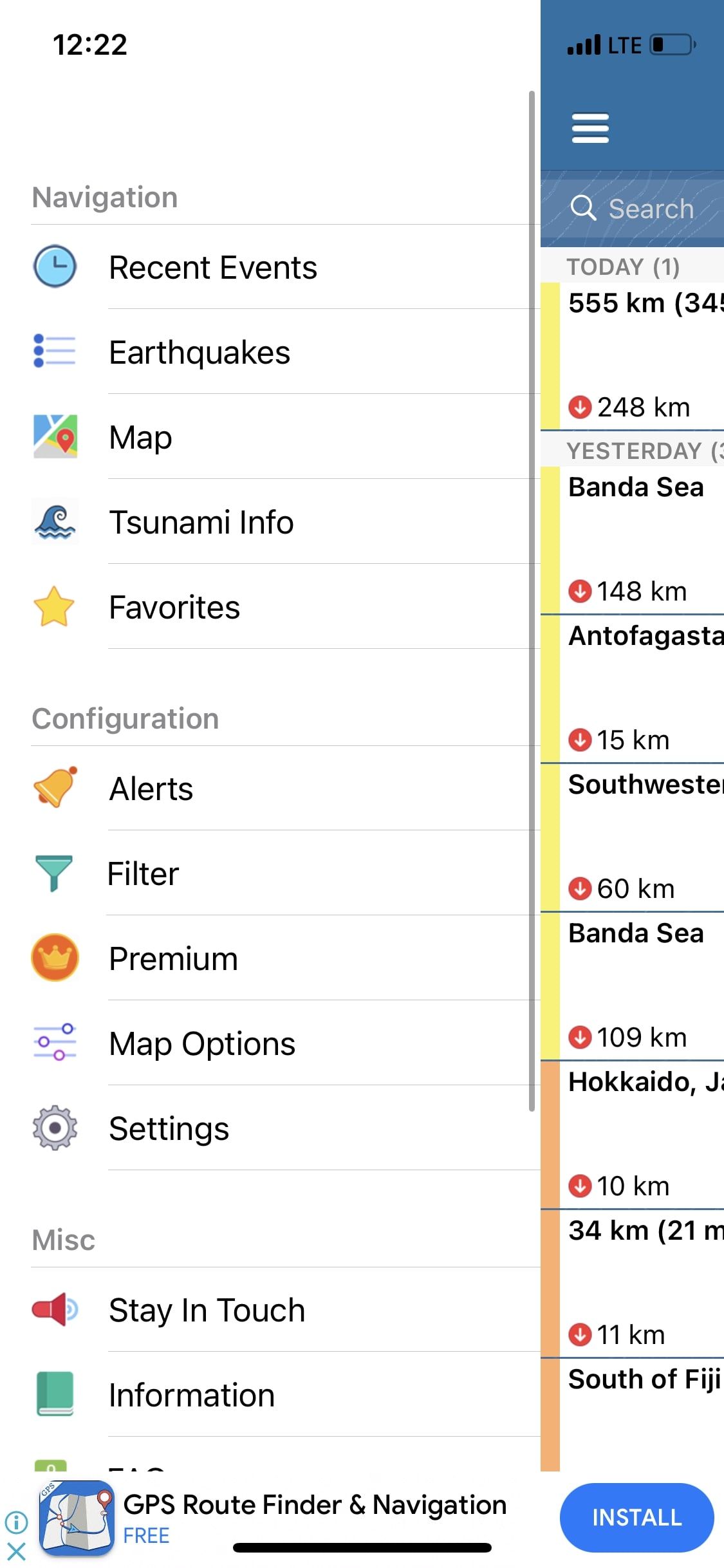 Earthquake plus alerts app settings menu