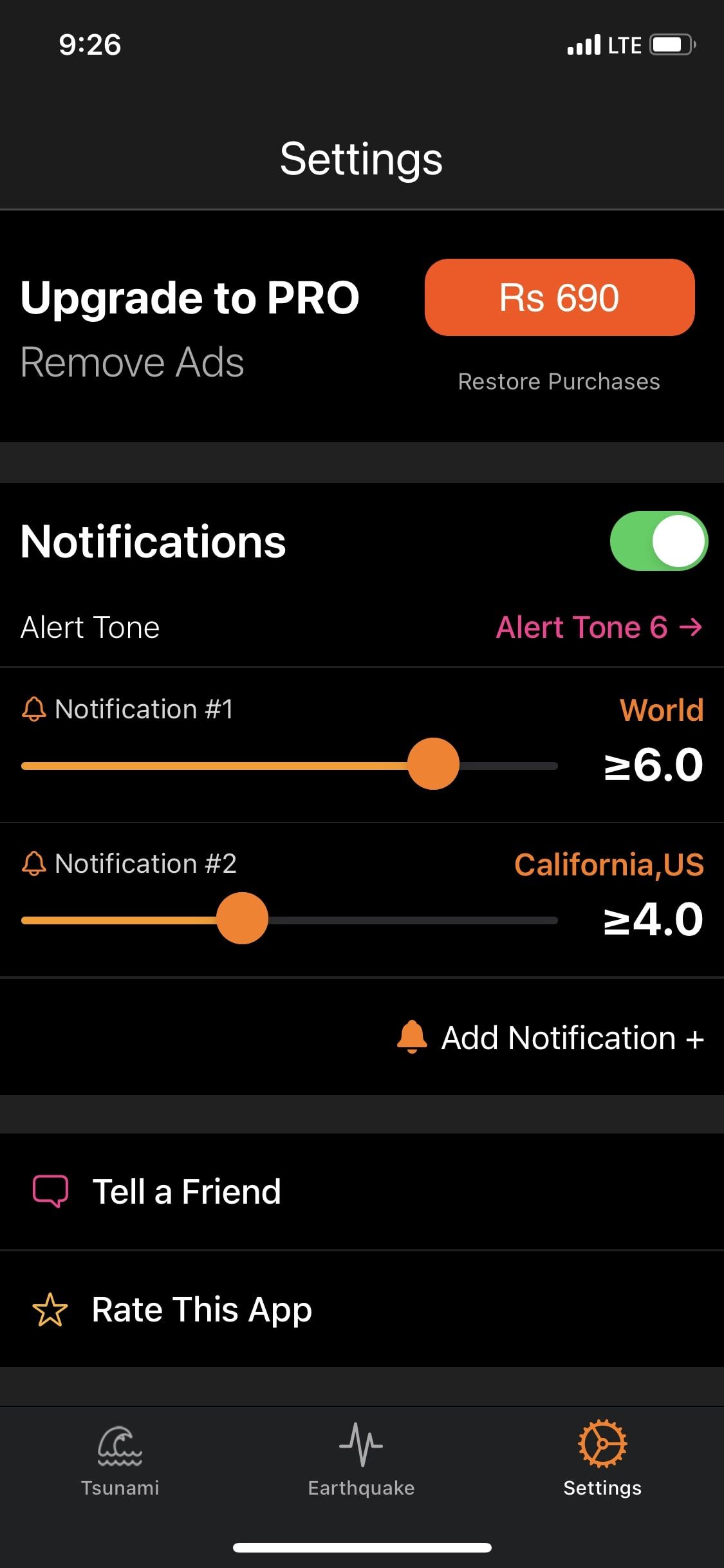 Earthquake plus app notifications 