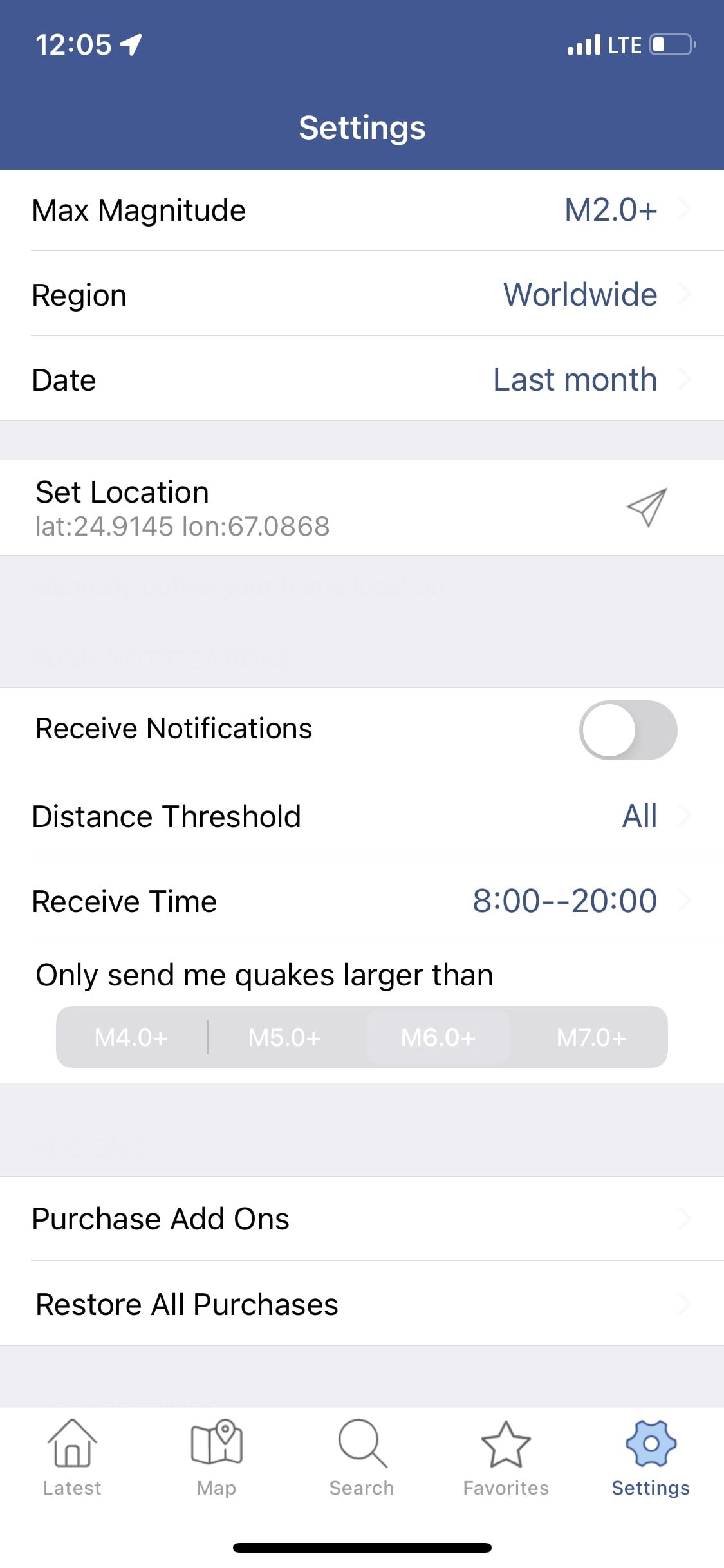 Earthquakes latest and alerts app settings